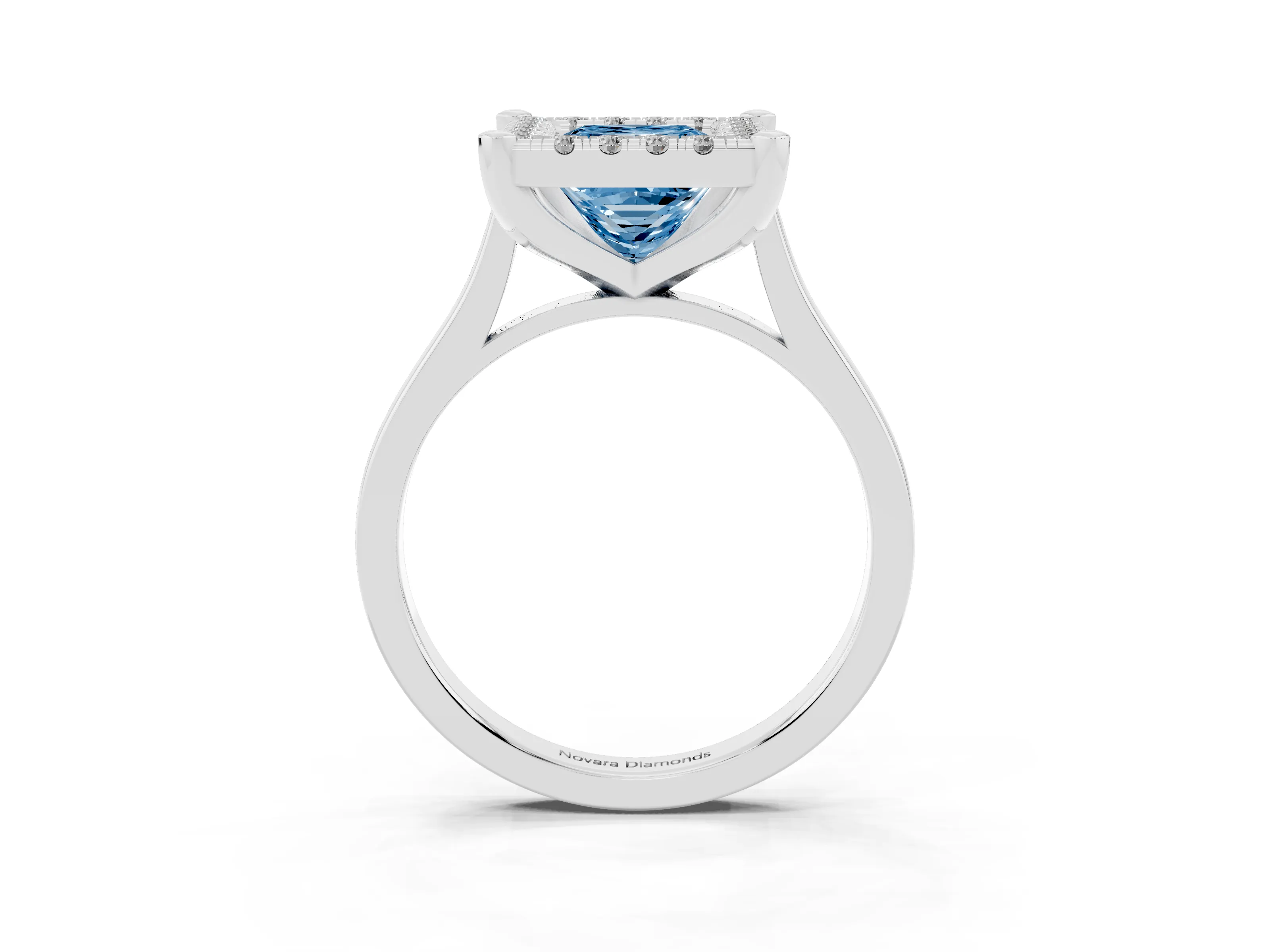 Fancy Blue Princess Cut Diamond Cluster Halo Solitaire Ring Set in Silver with Prong Setting