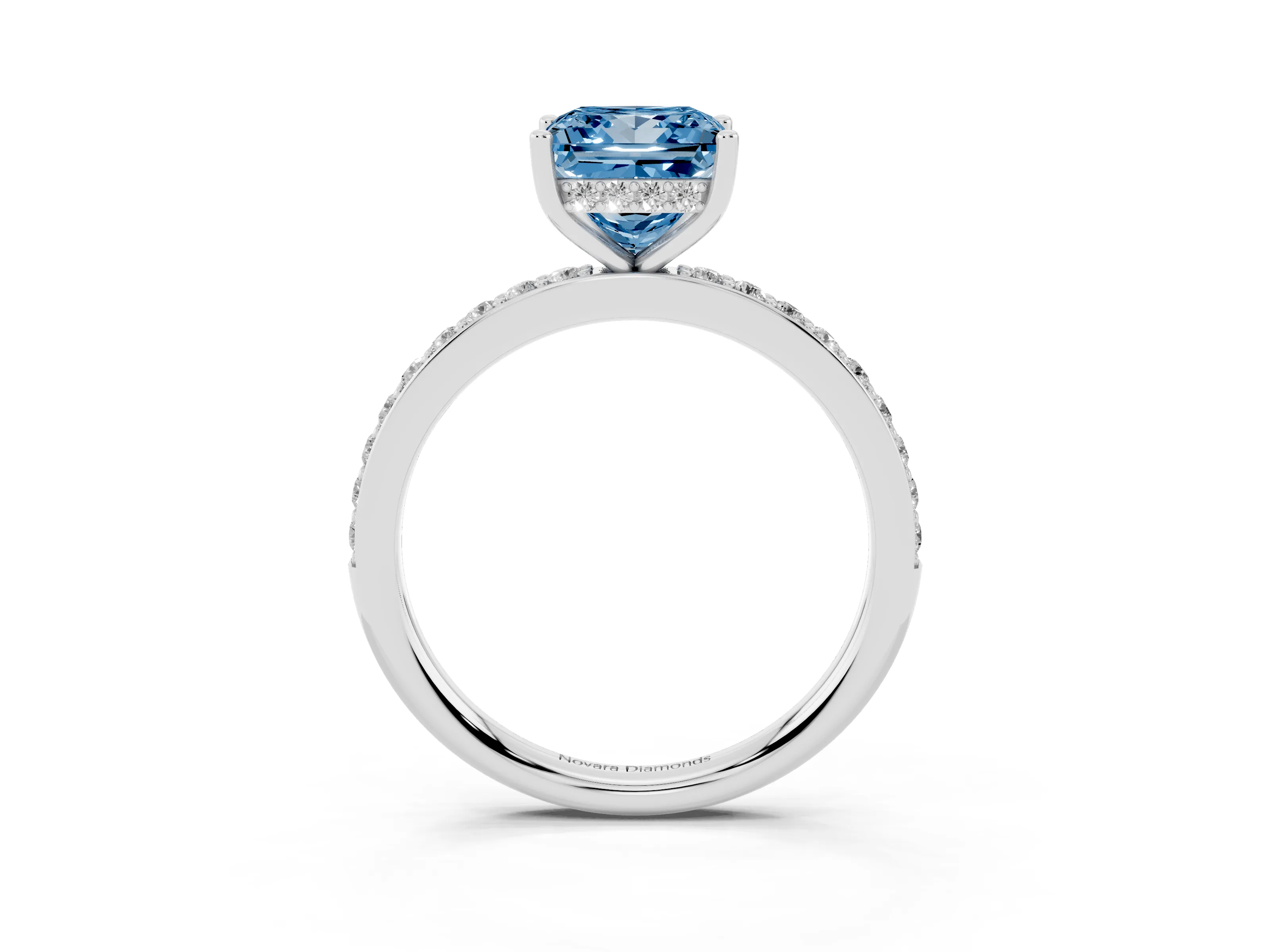 Fancy Blue Princess Cut Diamond Pavé Band Ring Set in White gold with Prong-Set Center Stone
