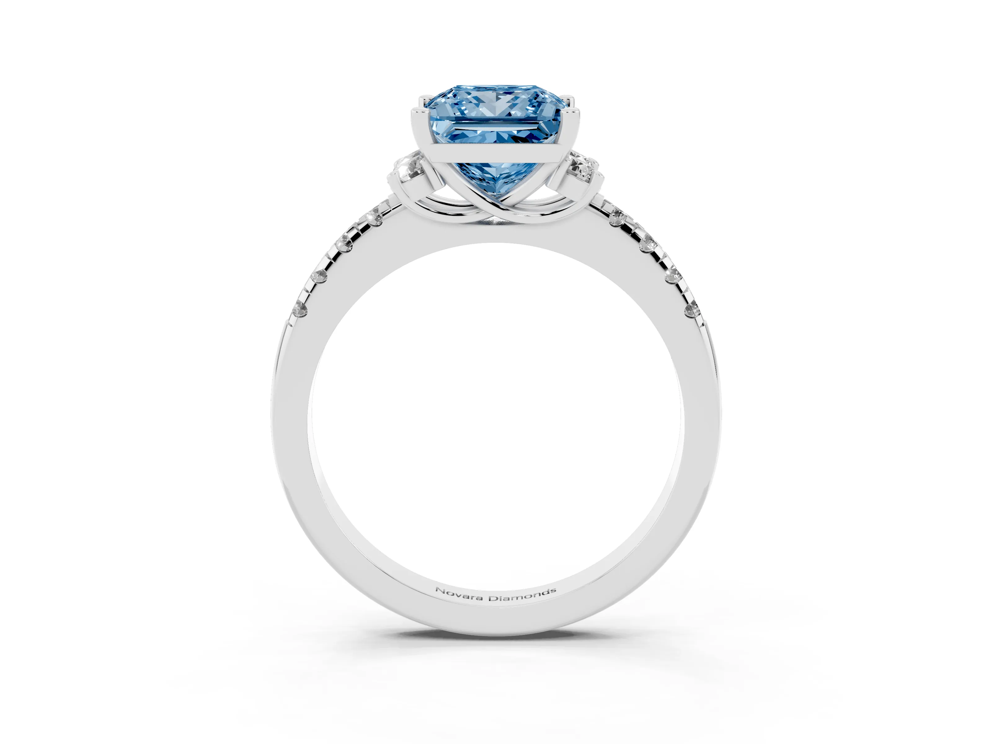 Fancy Blue Princess Cut Diamond Three-Stone Pavé Ring Set in White gold with Prong Setting