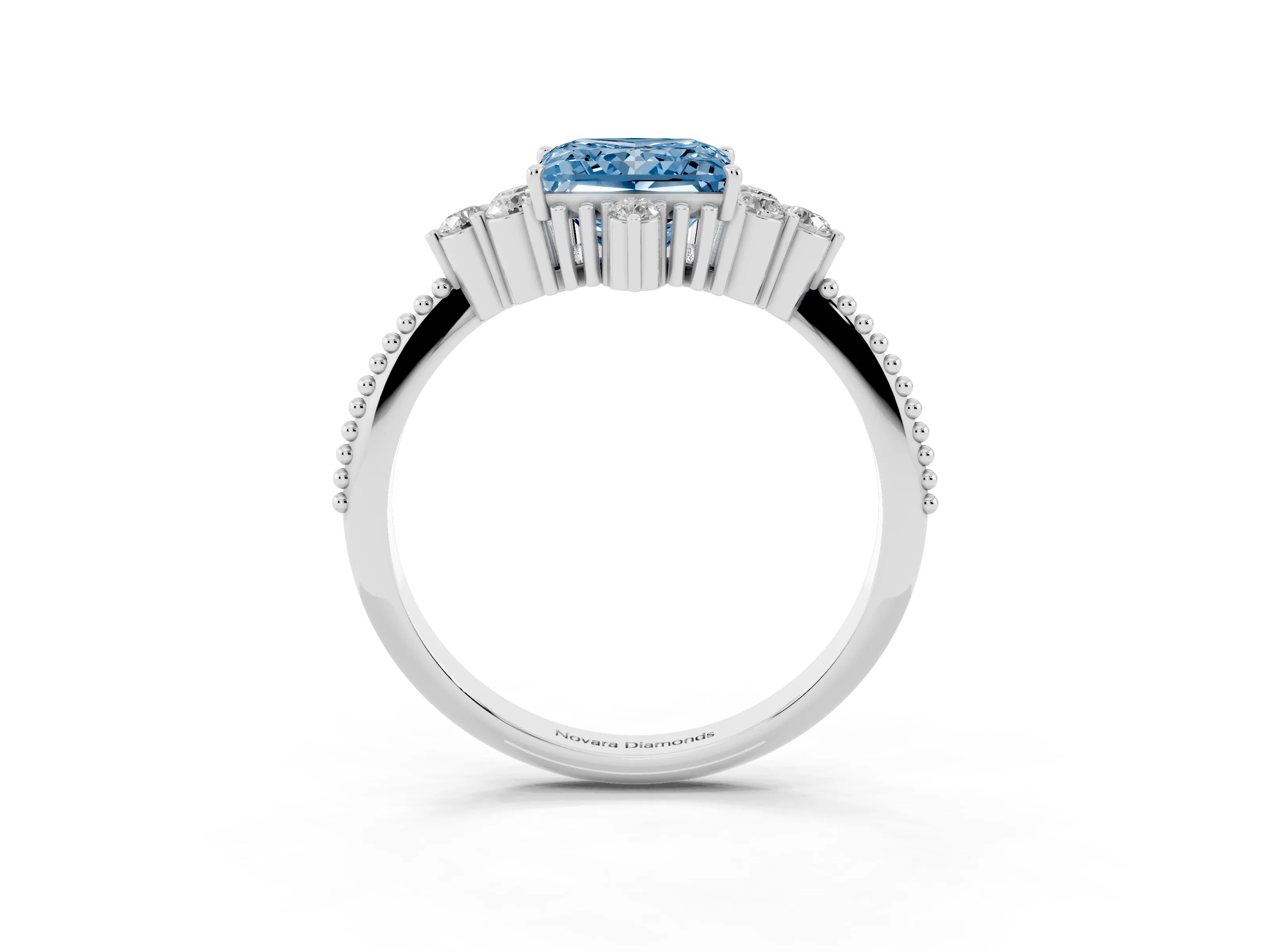 Fancy Blue Princess Cut Diamond Cluster Ring Set in Silver with Beaded Band