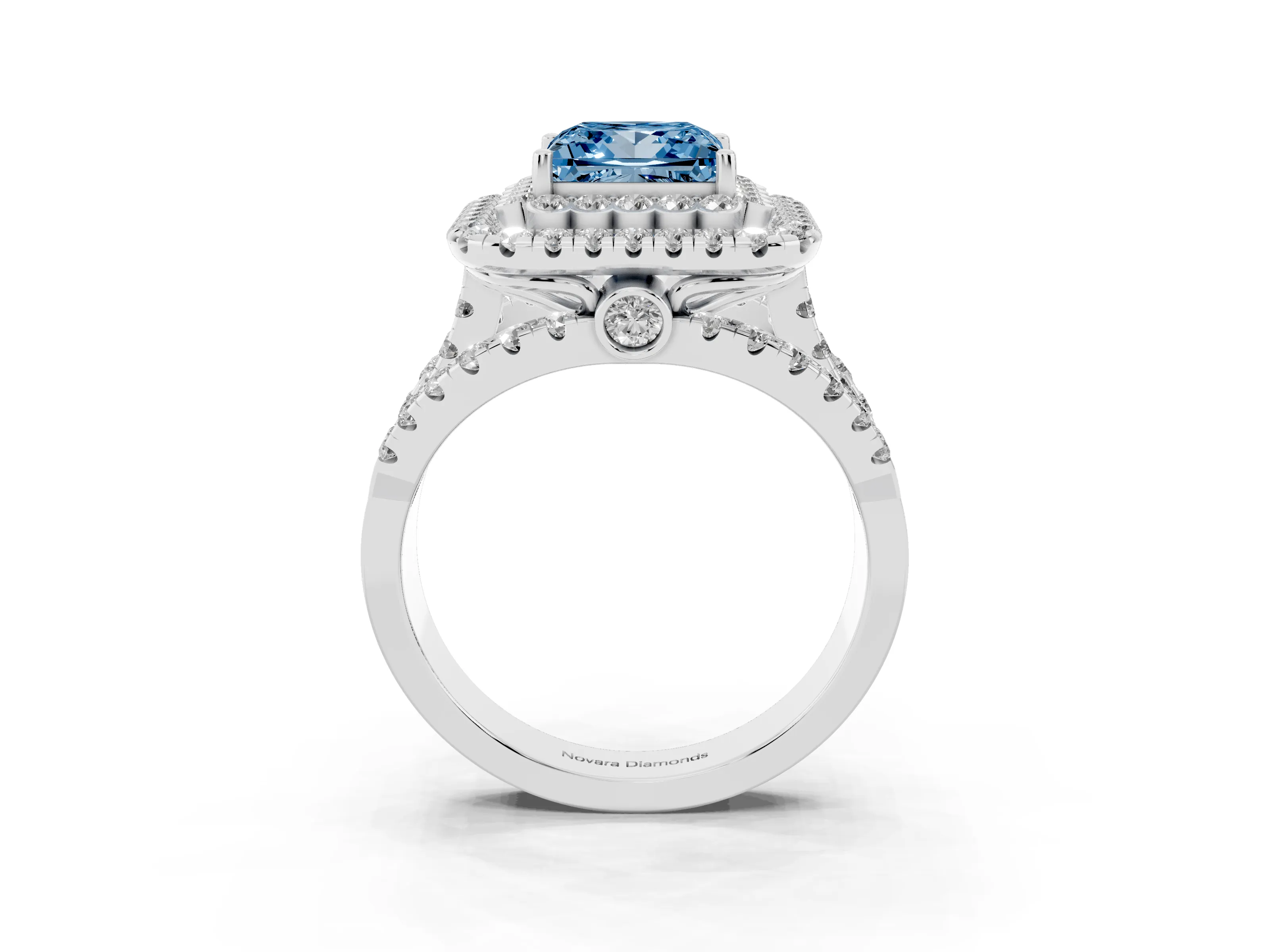 Fancy Blue Princess Cut Diamond Double Halo Ring Set in White gold with Round Pavé Split Shank