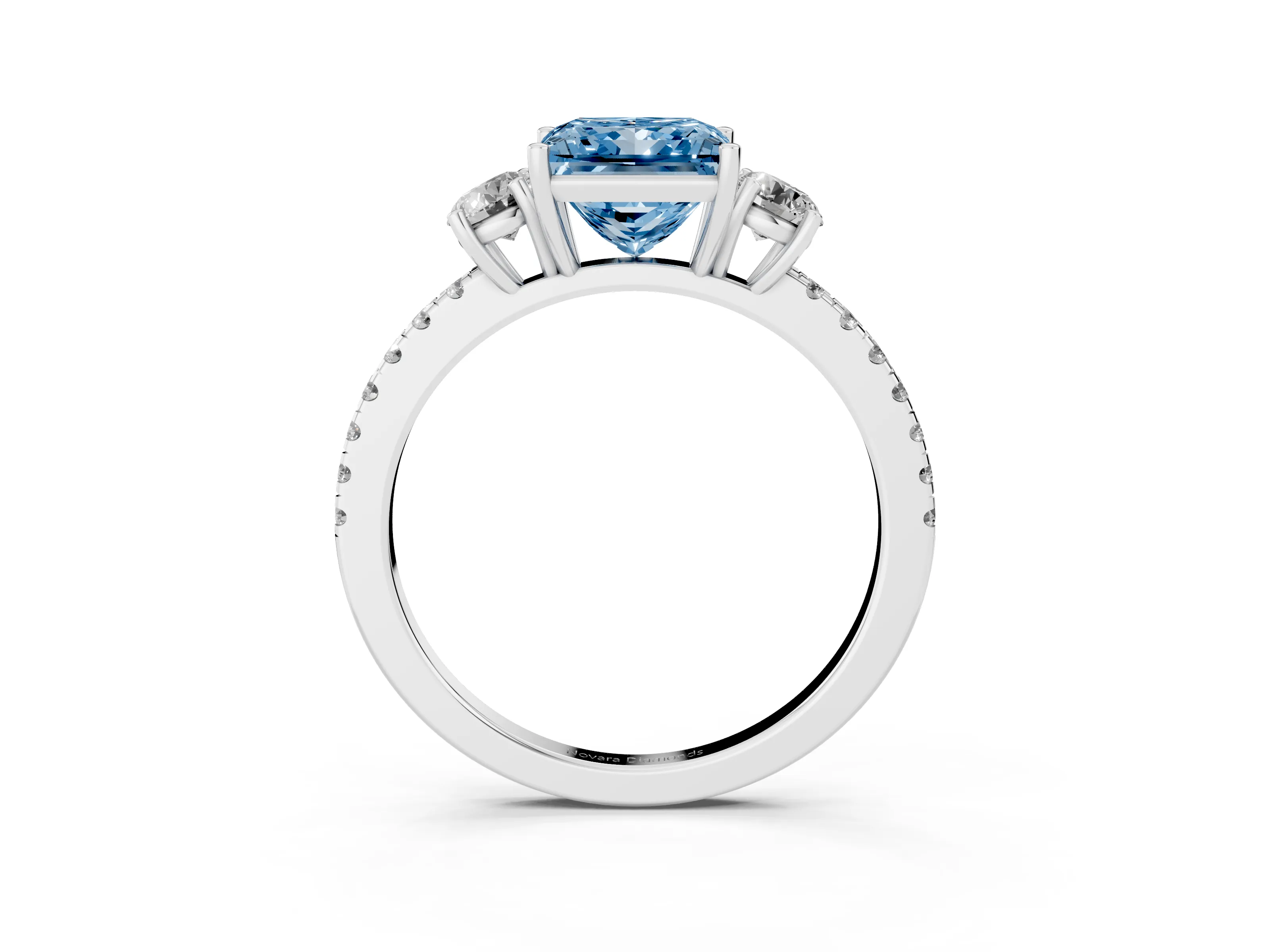 Fancy Blue Princess Cut Diamond Three-Stone Ring Set in Platinum with Pavé Band and Graduated Sides