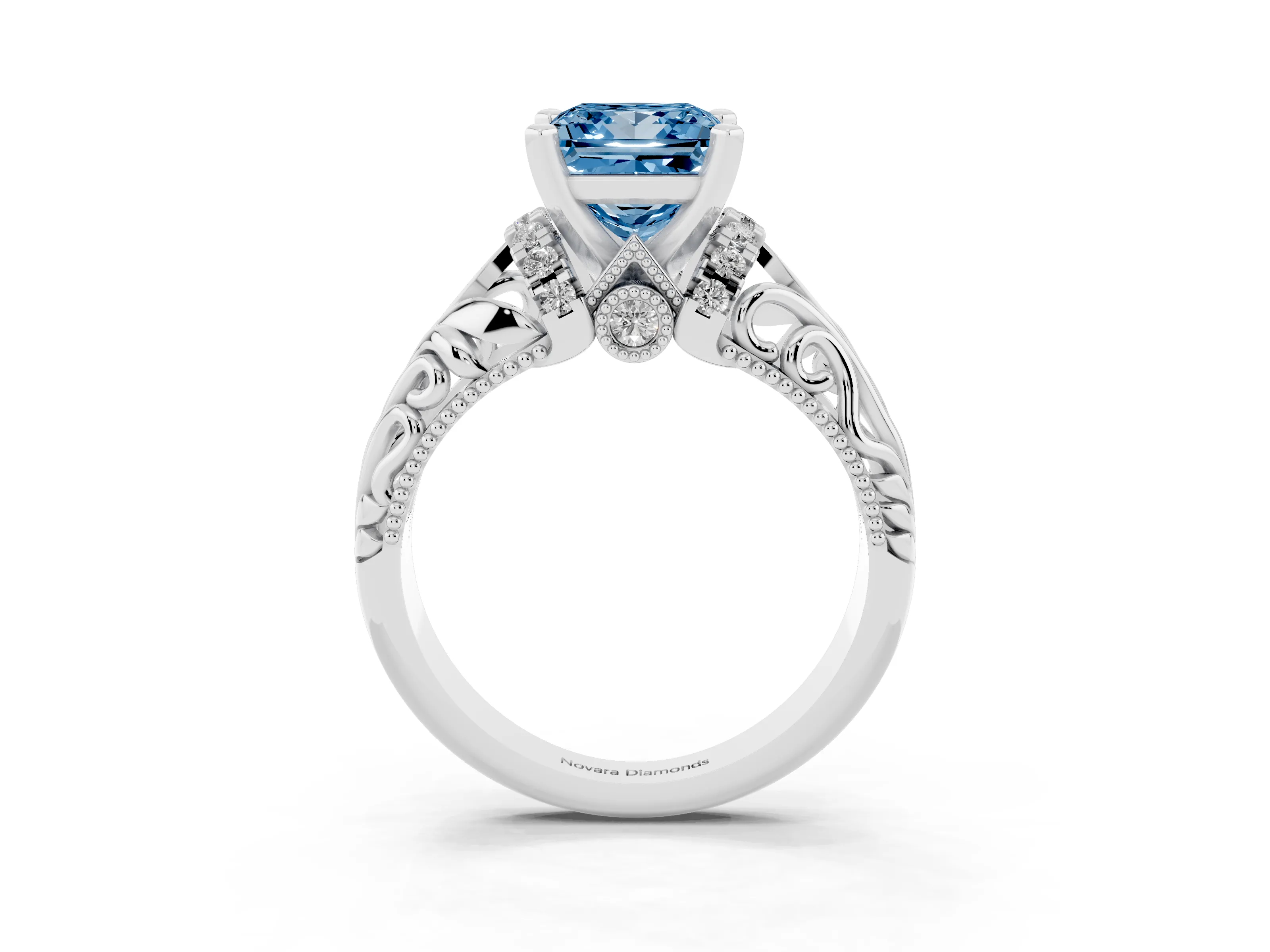 Fancy Blue Princess Cut Diamond Filigree Halo Engagement Ring Set in Platinum with Prong Setting