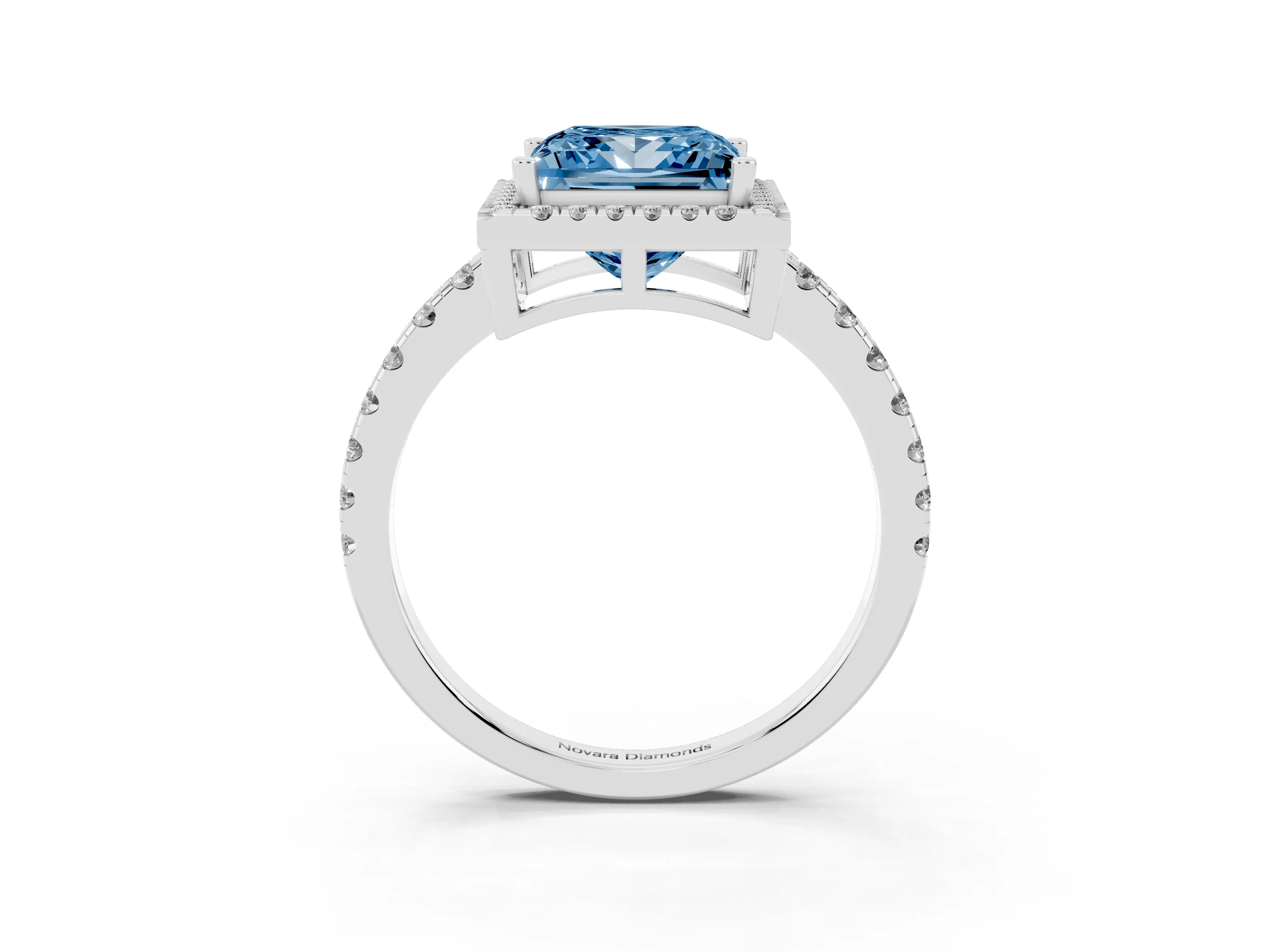 Fancy Blue Princess Cut Diamond Halo Ring Set in Platinum with Delicate Pavé Band and Prong Setting