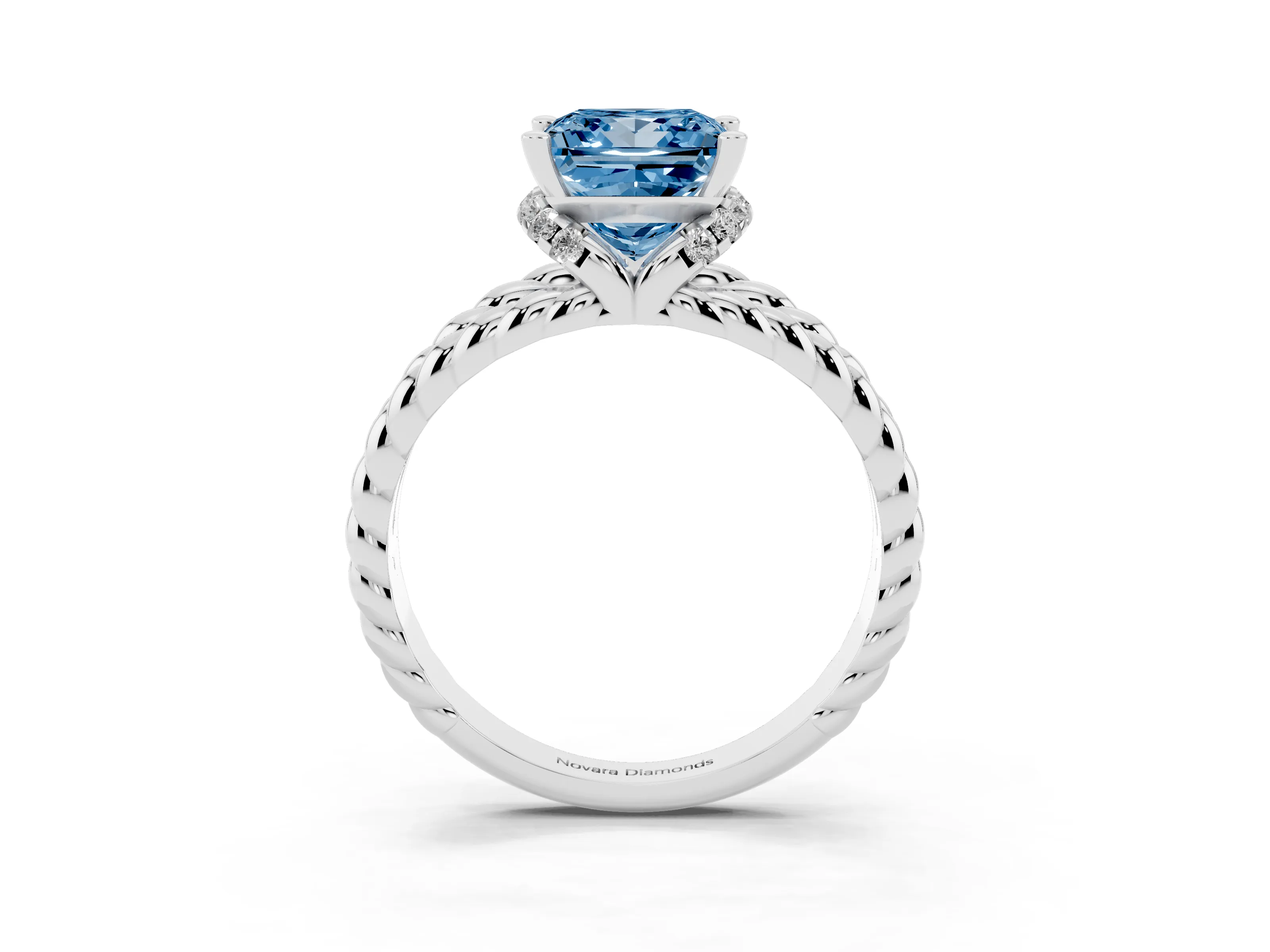 Fancy Blue Princess Cut Diamond Halo Ring Set in White gold with Twisted Band and Prong Setting