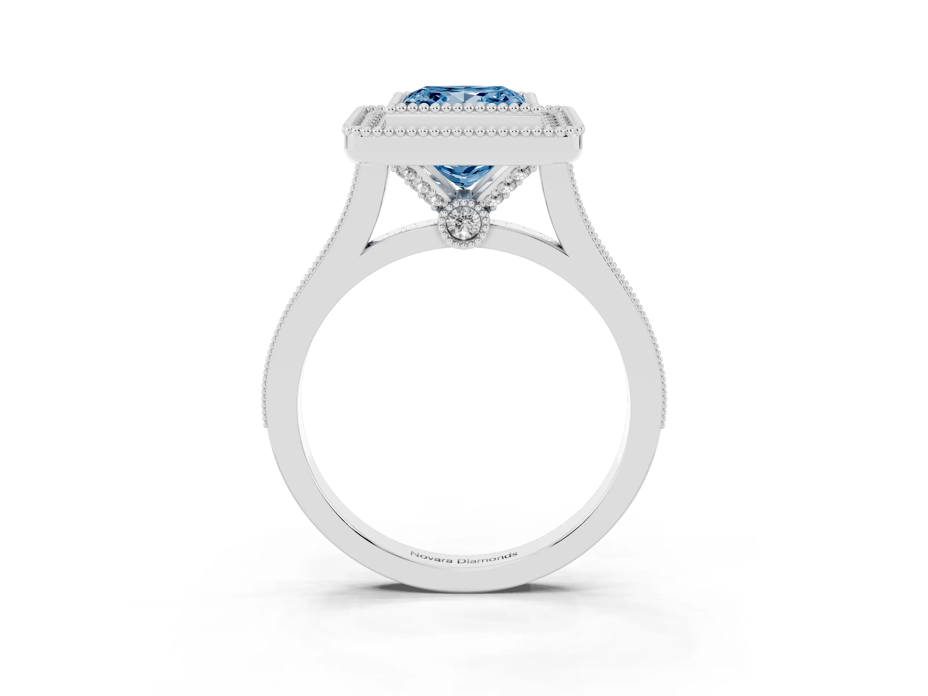 Fancy Blue Princess Cut Diamond Halo Ring Set in Silver with Milgrain Frame and Pavé Band