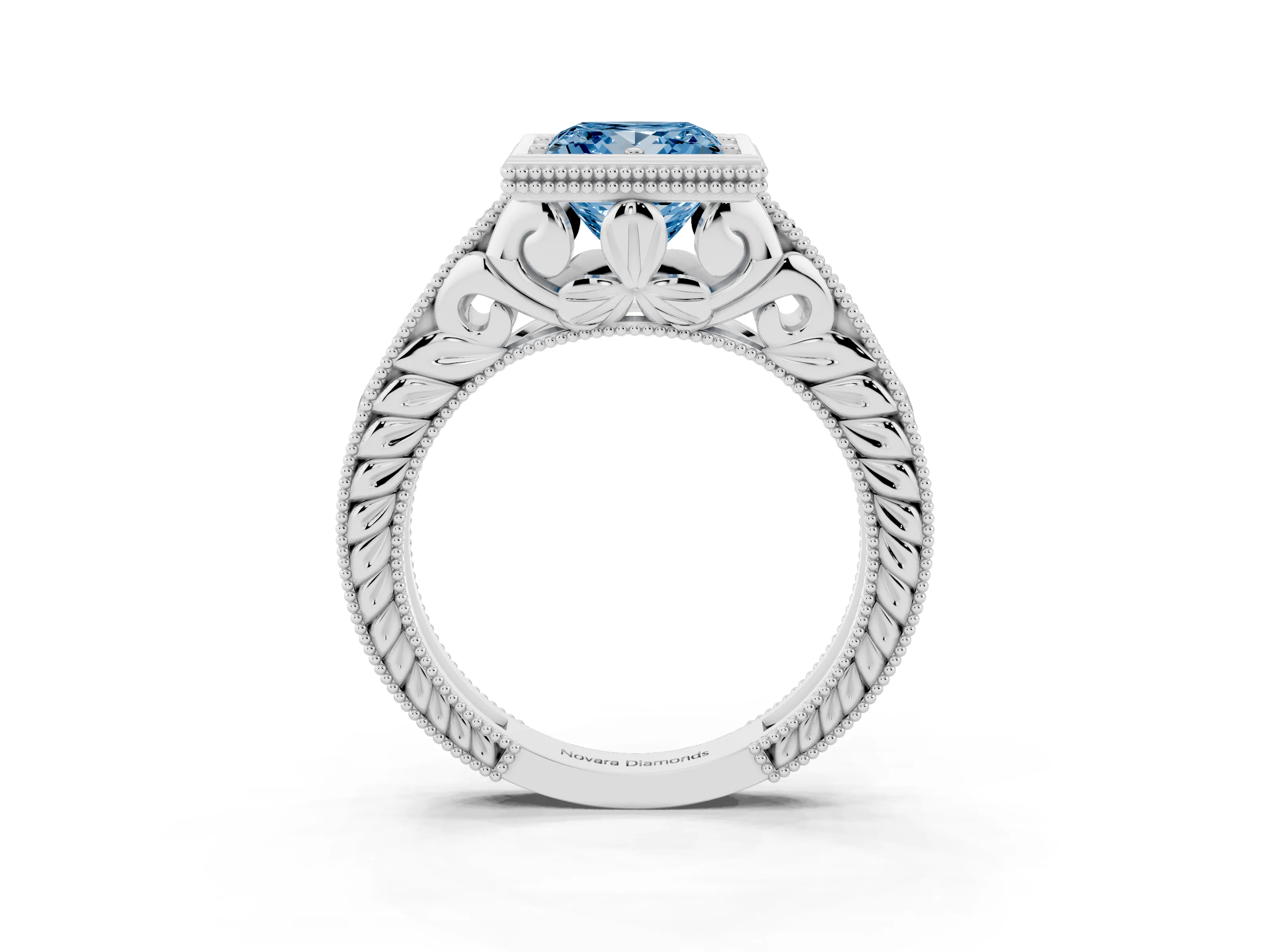 Fancy Blue Bezel Set Princess Cut Diamond Milgrain Pavé Engagement Ring Set in White gold