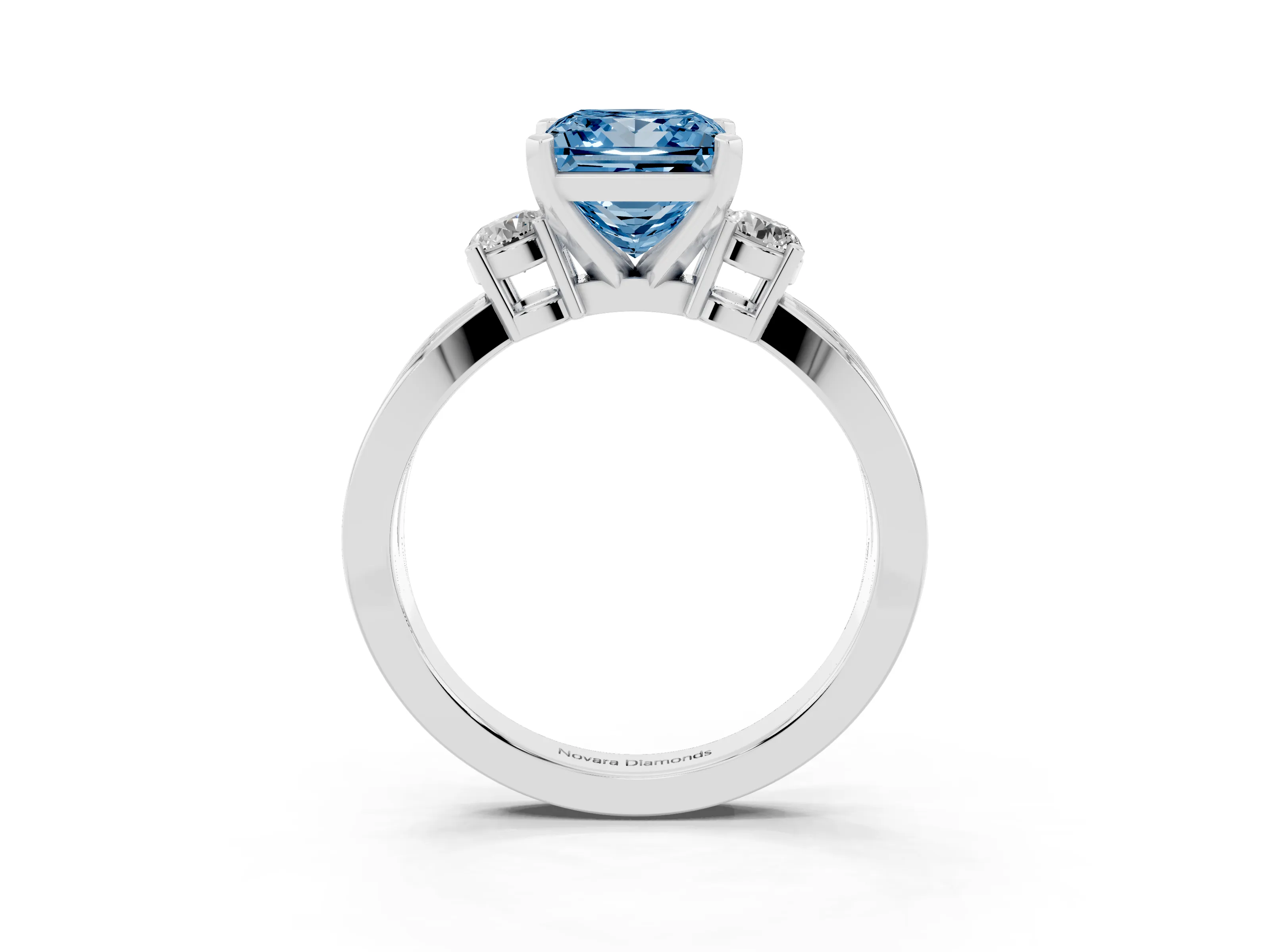 Fancy Blue Three-Stone Princess Cut Diamond Twist Band Ring Set in Silver with Pavé Accents and Prong Setting