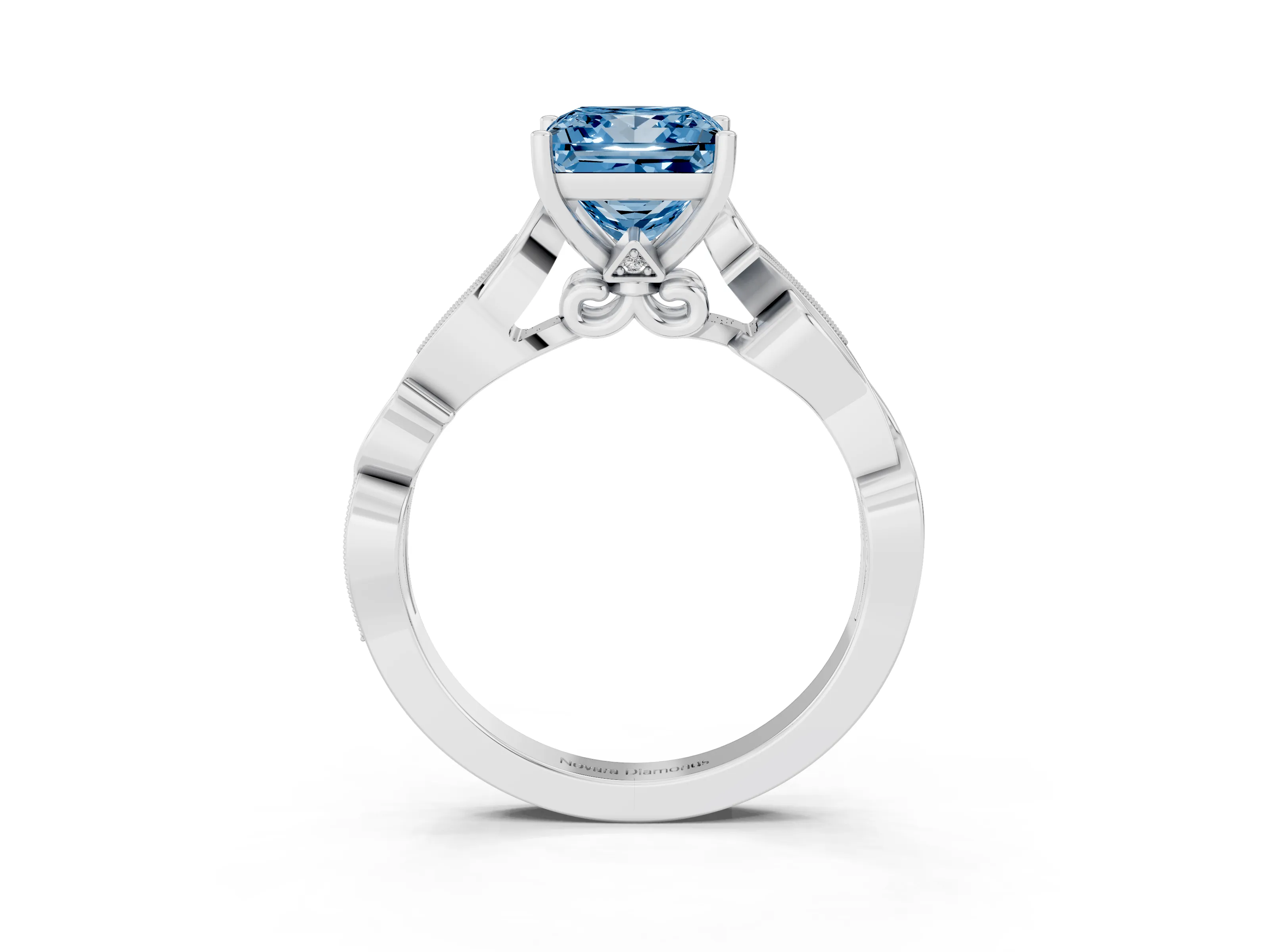 Fancy Blue Princess Cut Diamond Vine Band Solitaire Ring Set in Platinum with Milgrain Prong Setting