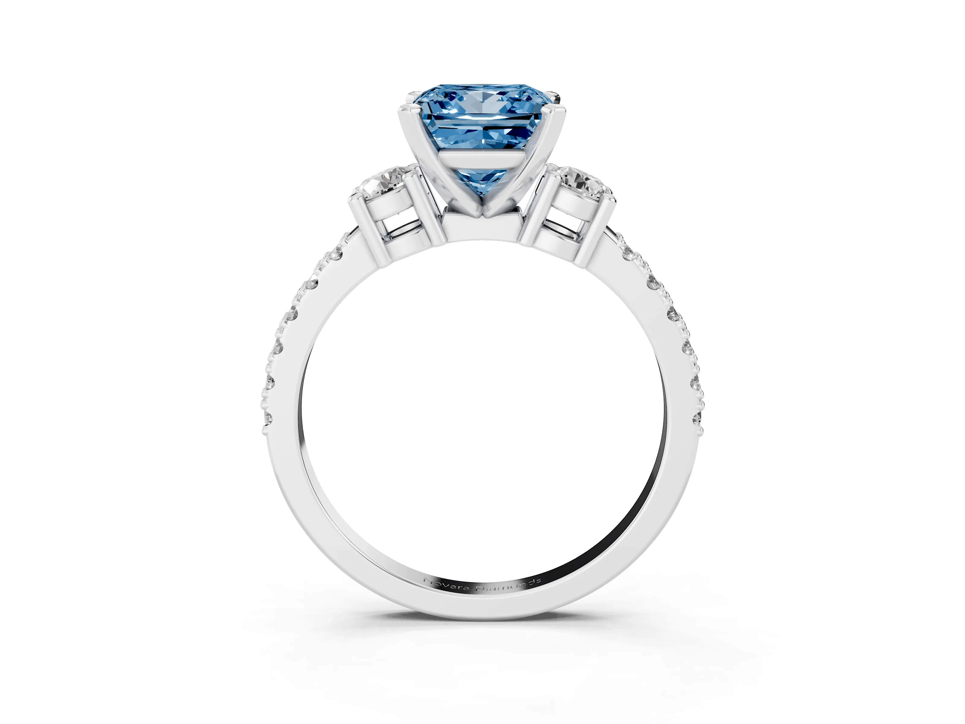 Fancy Blue Three-Stone Princess Cut Diamond Pavé Band Ring Set in Silver with Prong Setting