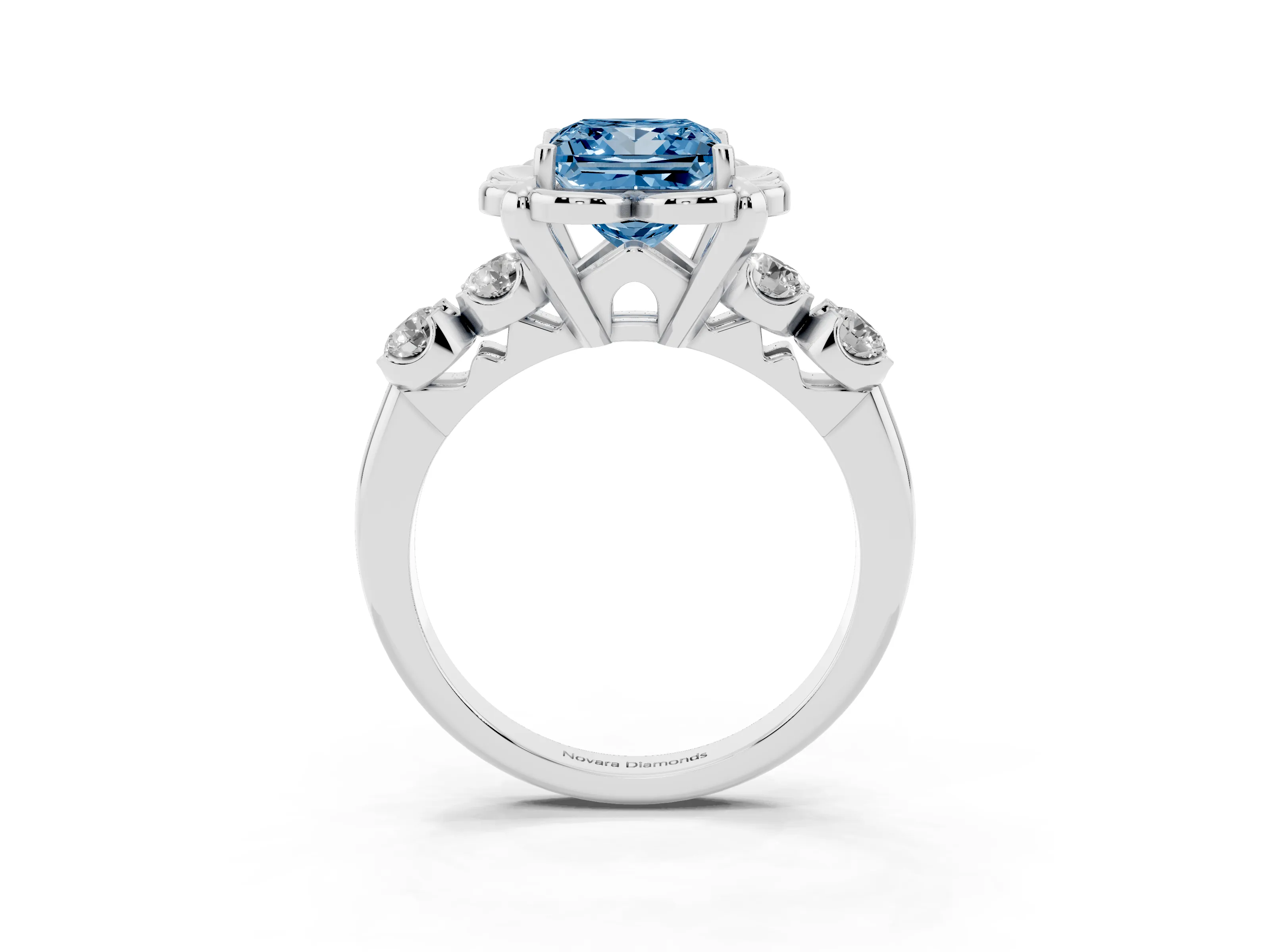 Fancy Blue Princess Cut Diamond Floral Halo Ring Set in White gold with Shared Prong Band