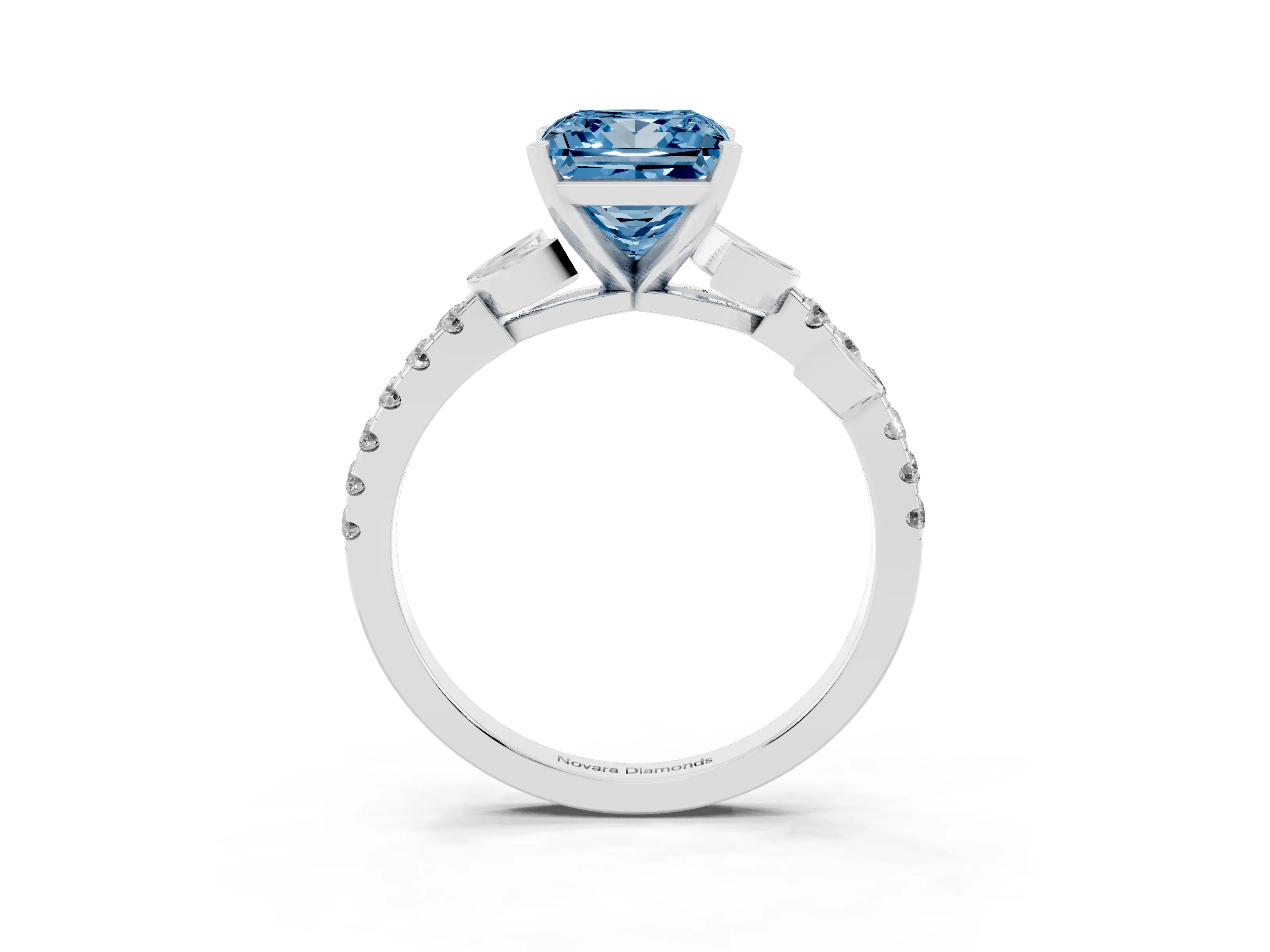 Fancy Blue Princess Cut Diamond Solitaire Leaf-Inspired Ring Set in White gold with Pavé Band and Prong Setting