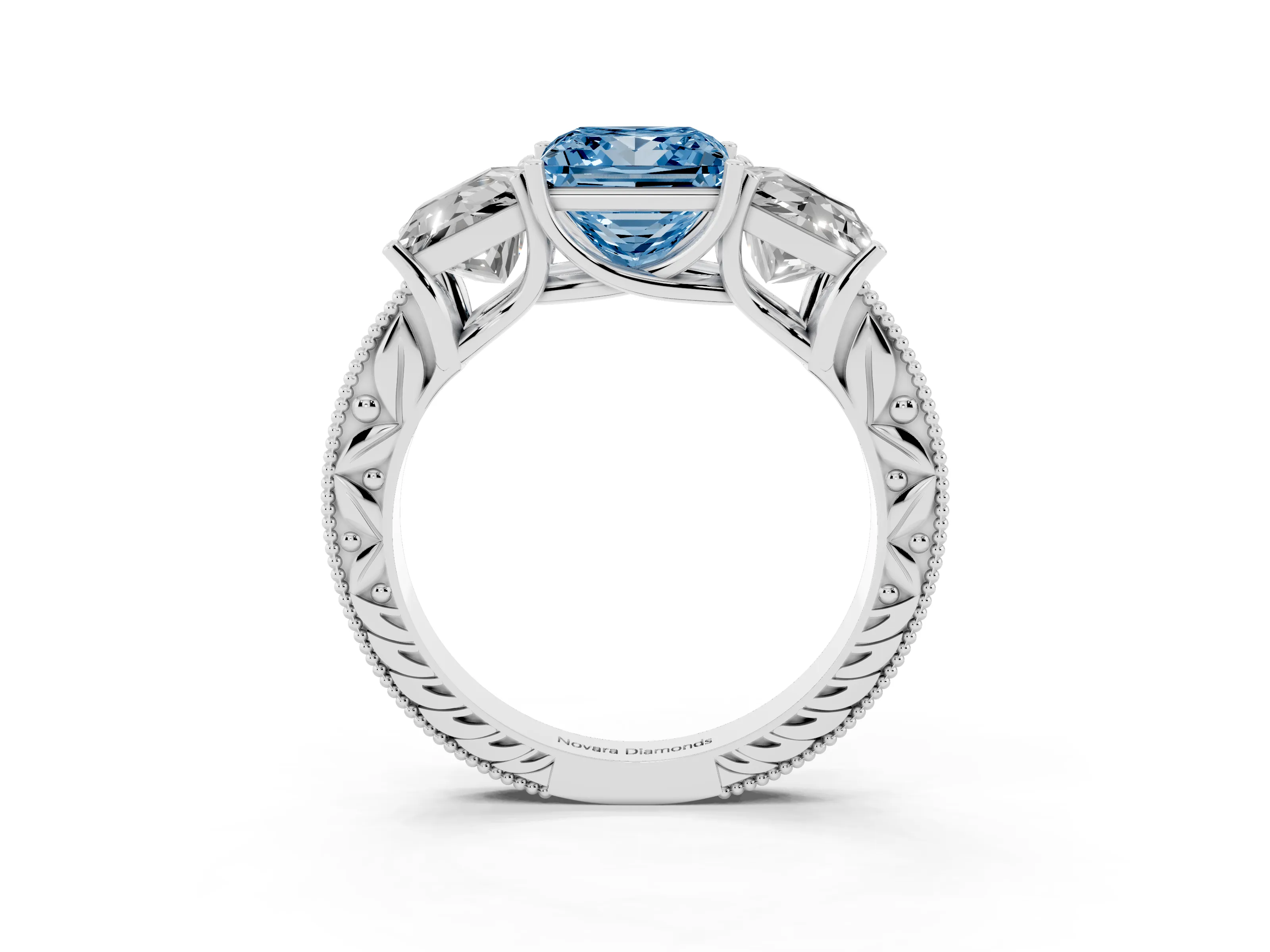 Fancy Blue Princess Cut Diamond Three-Stone Engagement Ring Set in Platinum with Milgrain Pavé Band