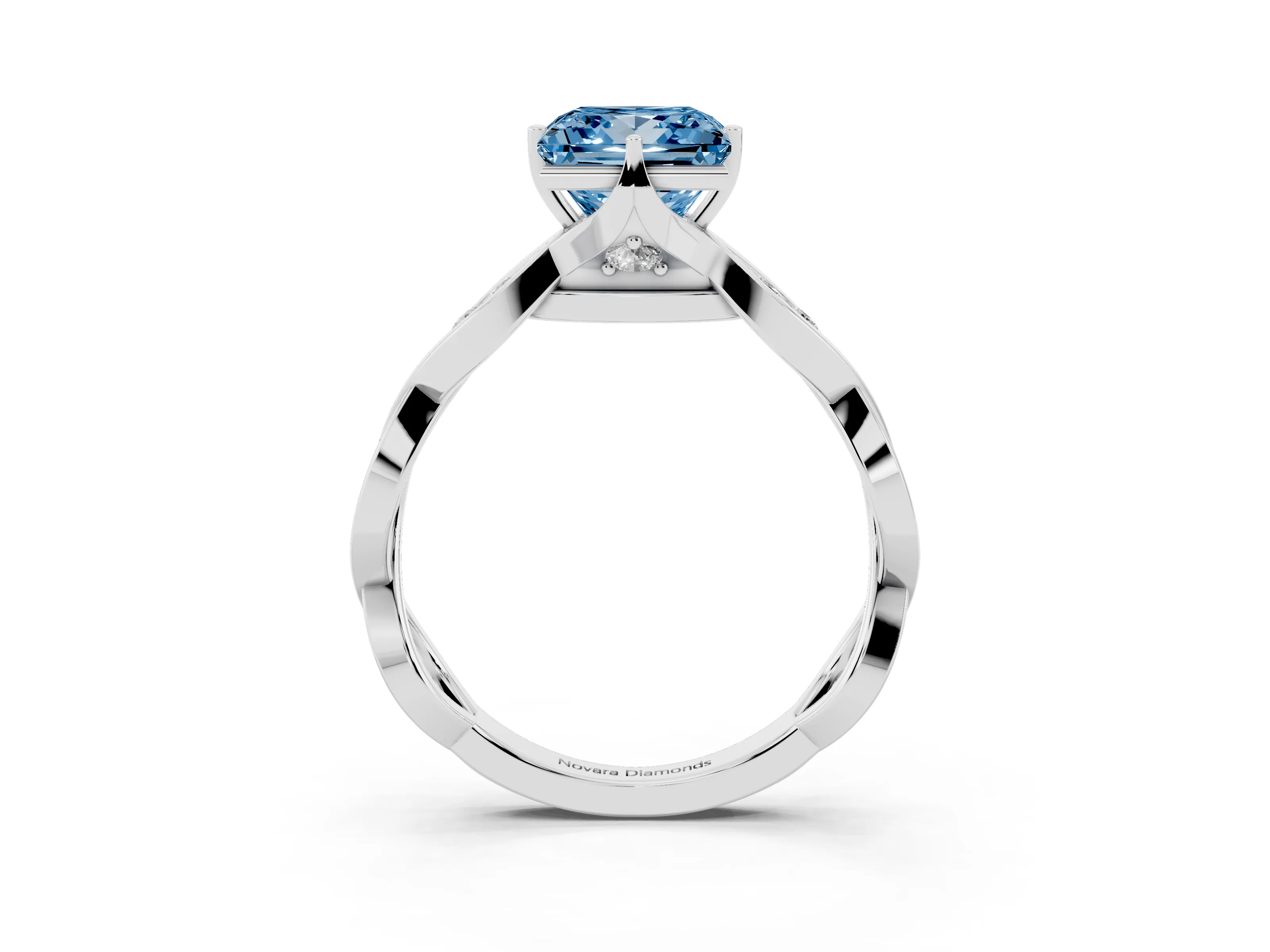 Fancy Blue Princess Cut Diamond Twist Band Solitaire Ring Set in Platinum with Leaf Prong Setting and Accent Stones