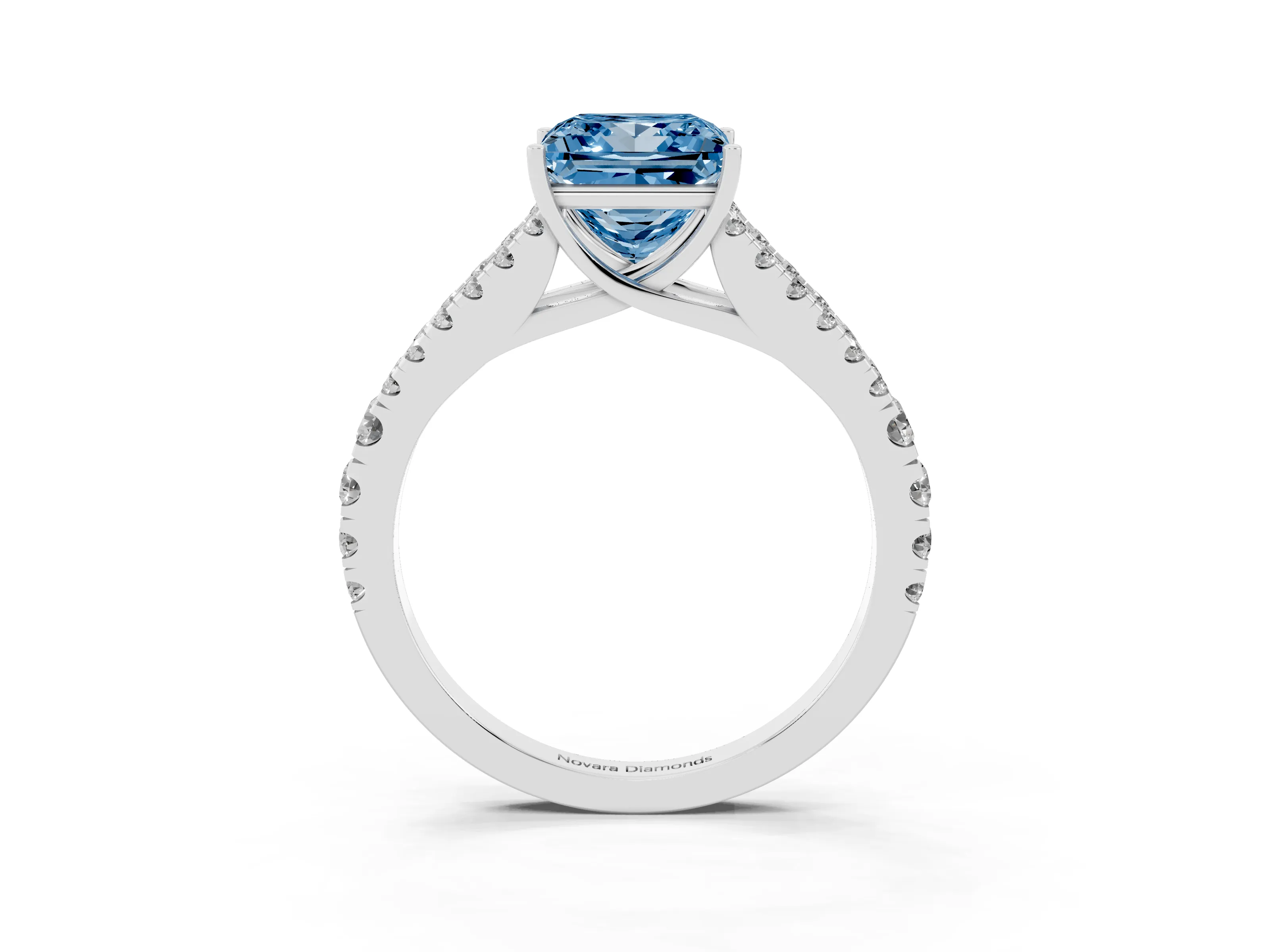 Fancy Blue Princess Cut Diamond Split Shank Pavé Engagement Ring Set in Platinum with Prong-Held Center Stone