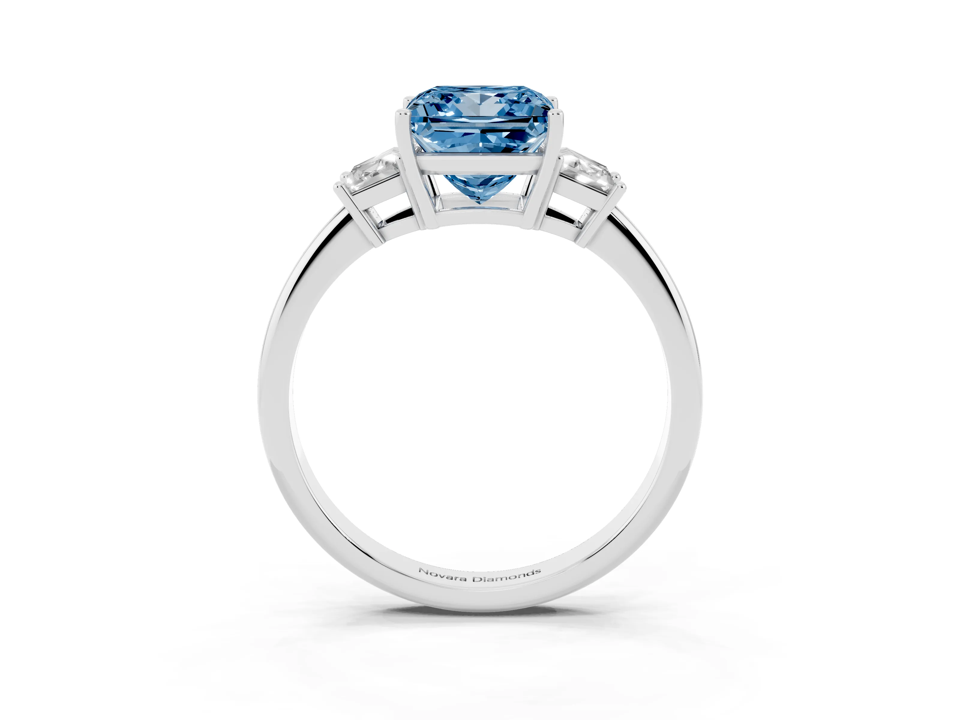 Fancy Blue Princess Cut Diamond Three-Stone Ring Set in Silver with Trapezoid Side Stones and Prong Setting