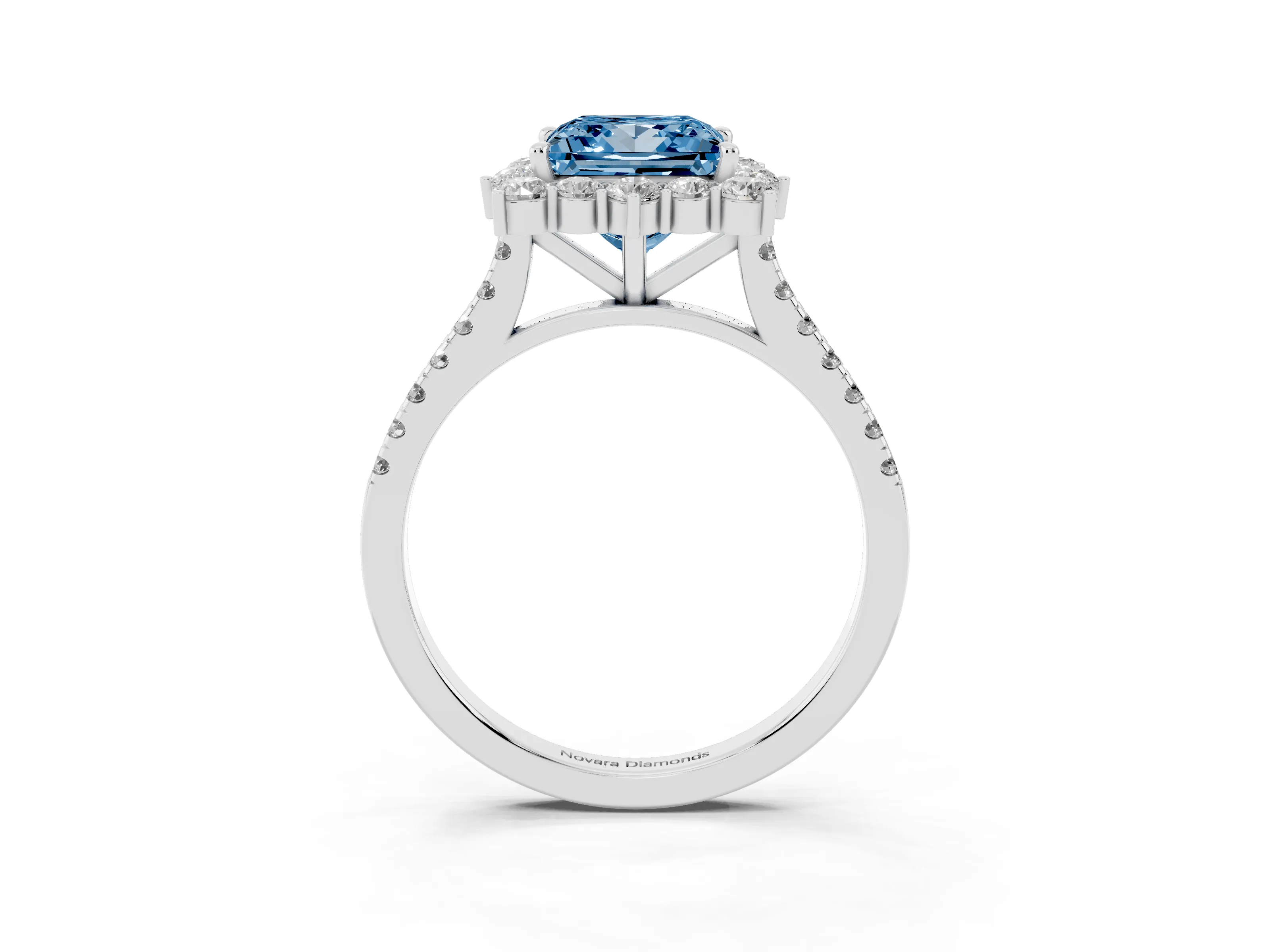 Fancy Blue Princess Cut Diamond Halo Ring Set in White gold with Pavé Band and Prong Setting