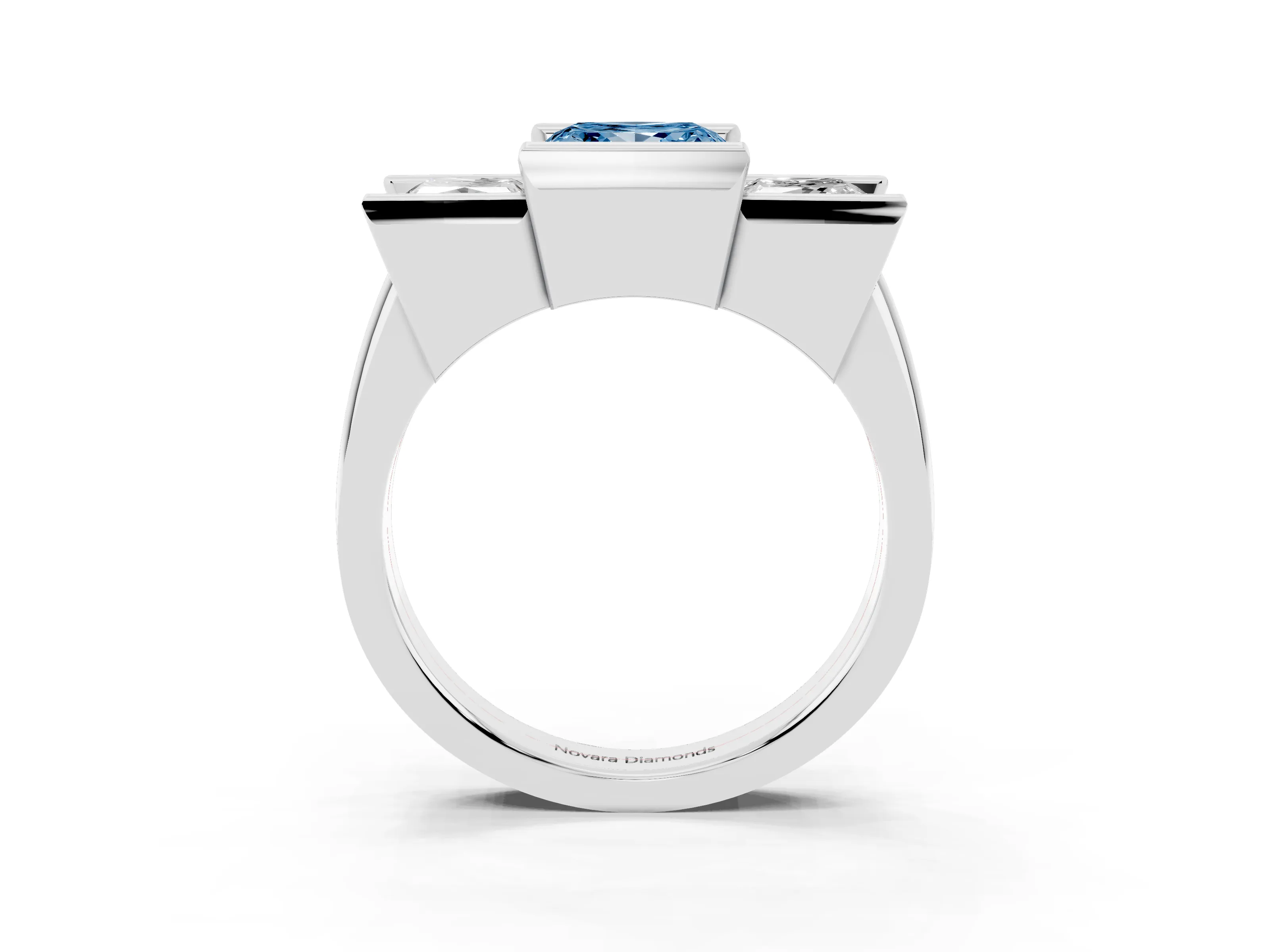 Fancy Blue Princess Cut Diamond Three-Stone Channel Set Ring Set in Platinum with Smooth Polished Band