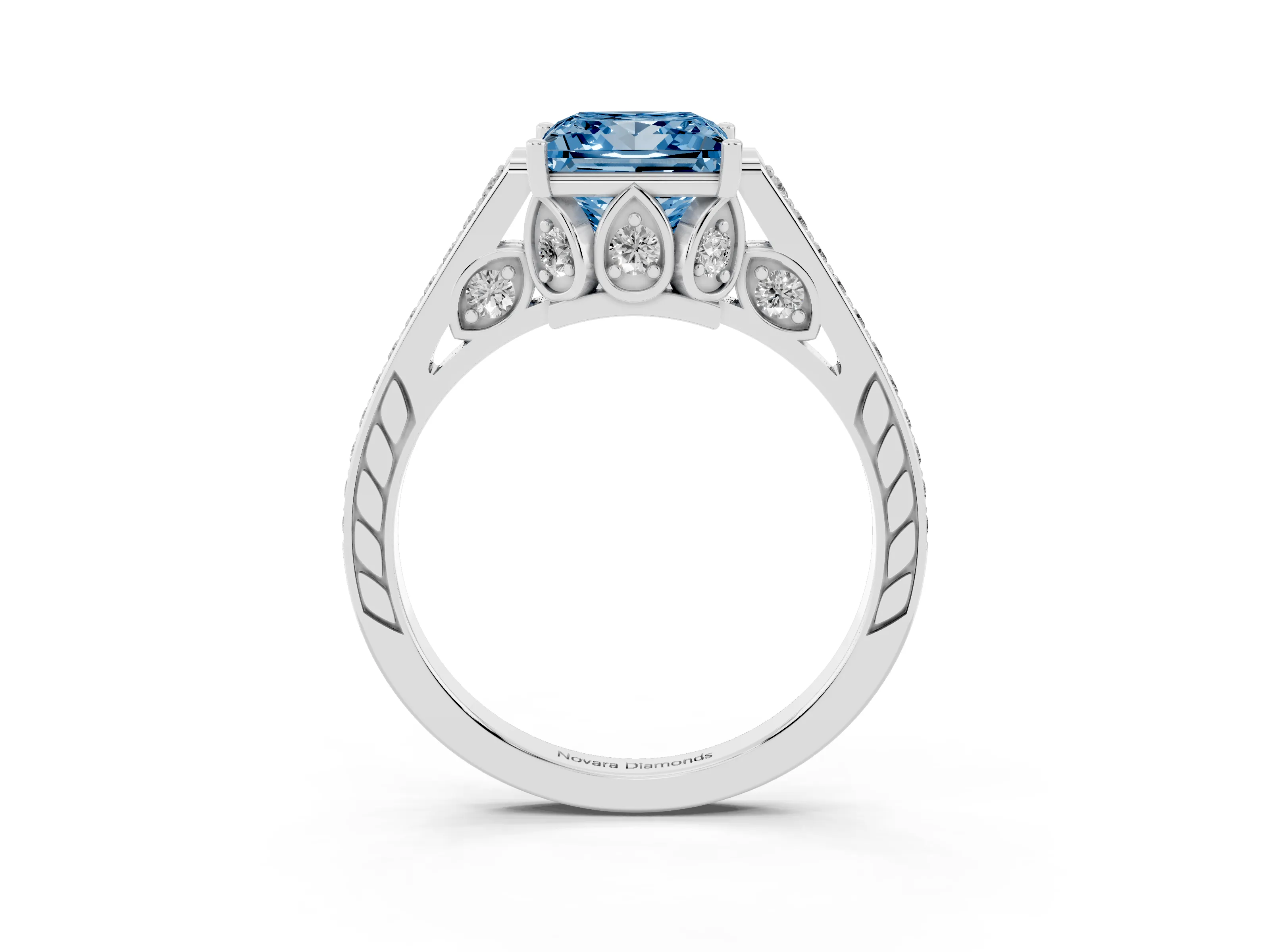 Fancy Blue Princess Cut Diamond Cathedral Pavé Engagement Ring Set in Platinum with Prong Setting