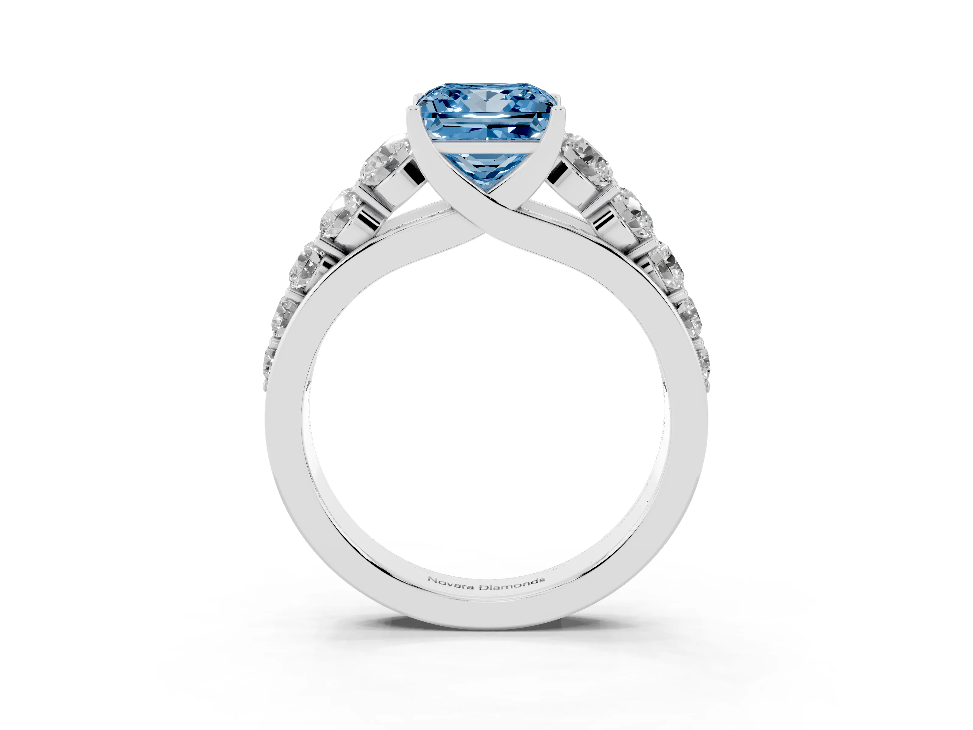 Fancy Blue Princess Cut Diamond Solitaire Ring Set in Platinum with Pavé-Set Band and Prong Setting