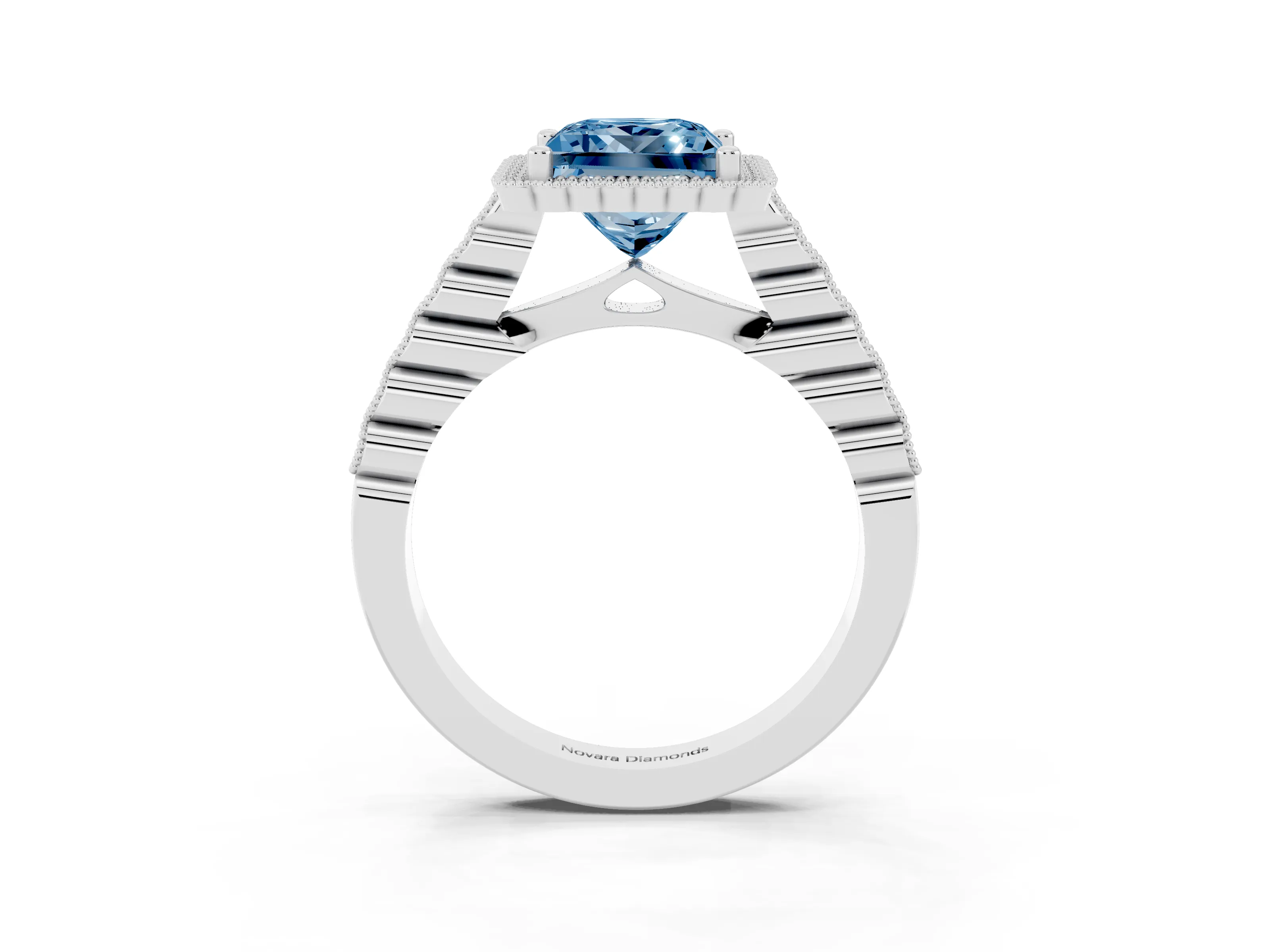 Fancy Blue Princess Cut Diamond Halo Ring Set in Platinum with Pavé Milgrain Band