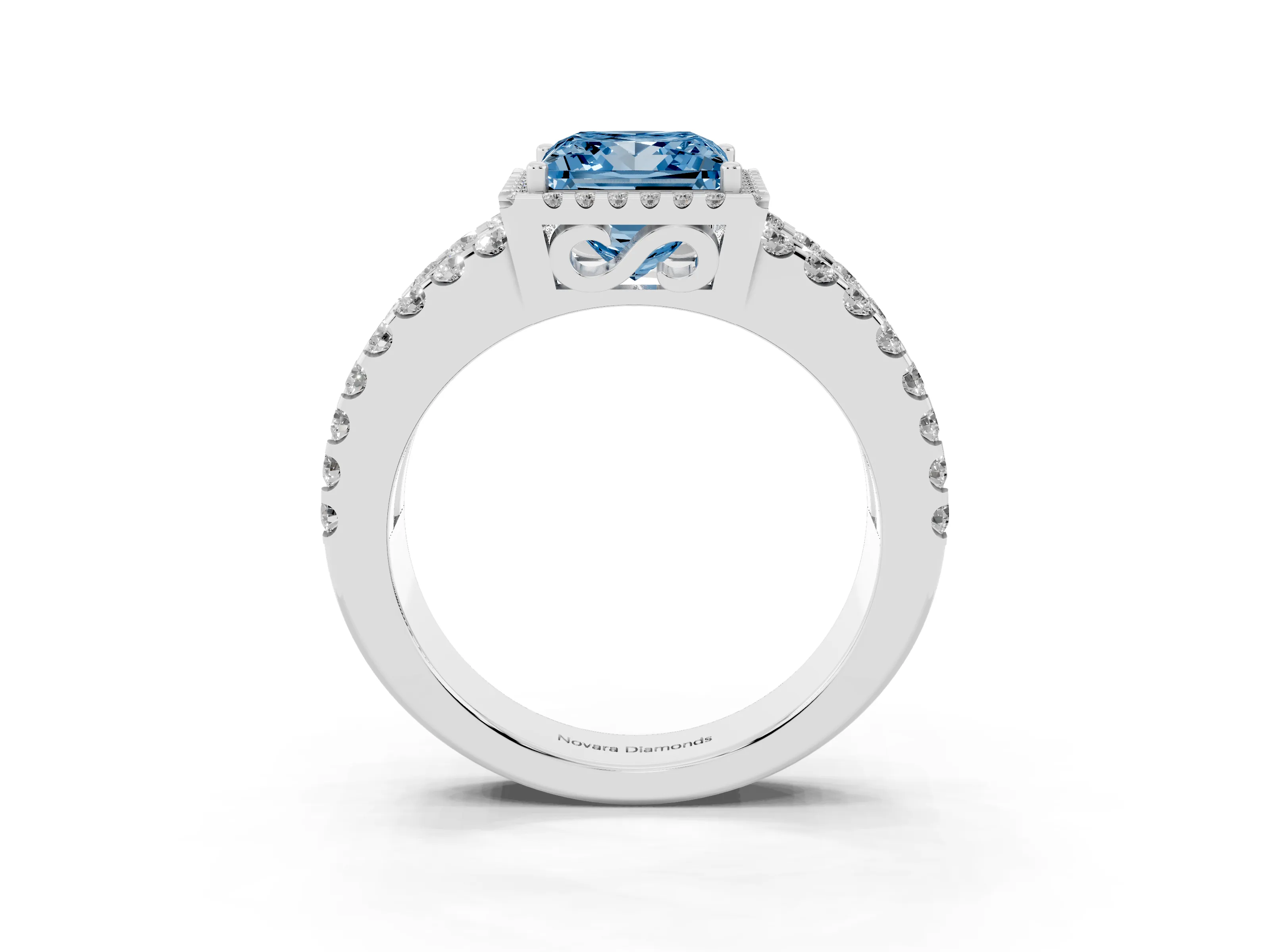 Fancy Blue Princess Cut Diamond Halo Ring Set in White gold with Pavé Split Shank and Prong Setting