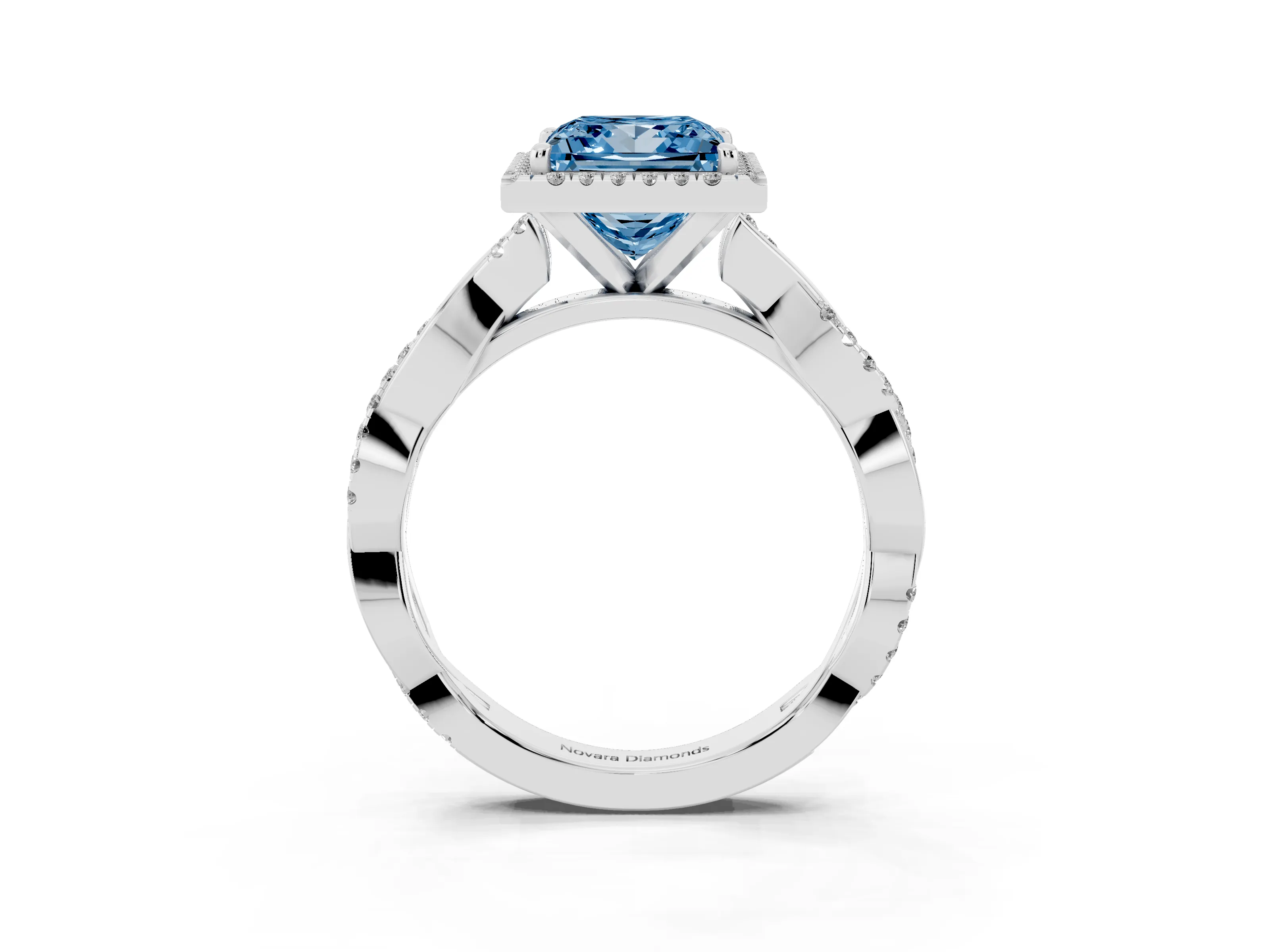 Fancy Blue Princess Cut Diamond Halo Twisted Band Ring Set in Platinum with Prong Setting