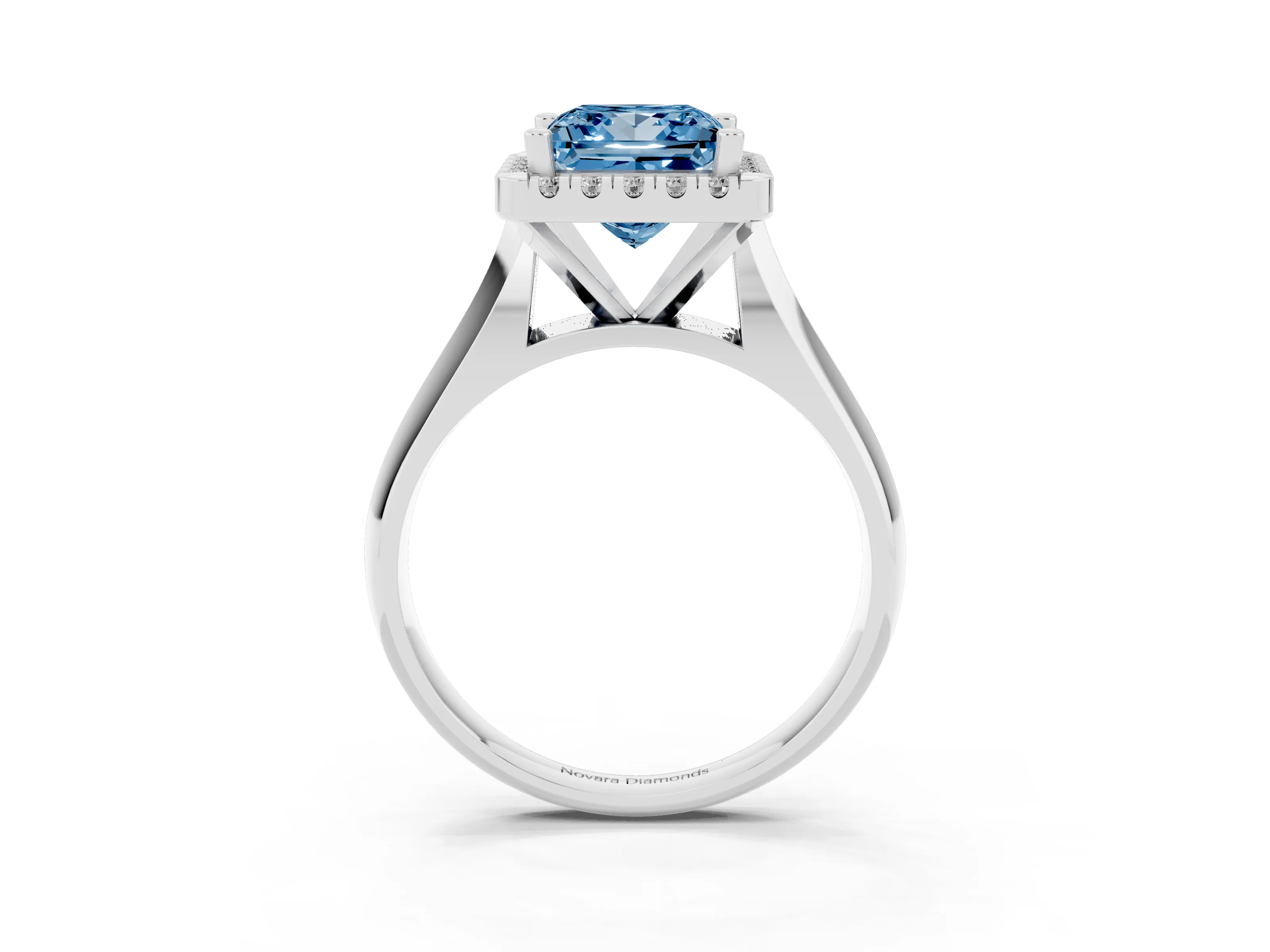Fancy Blue Princess Cut Diamond Halo Solitaire Engagement Ring Set in Platinum with Square Band and Prong Setting