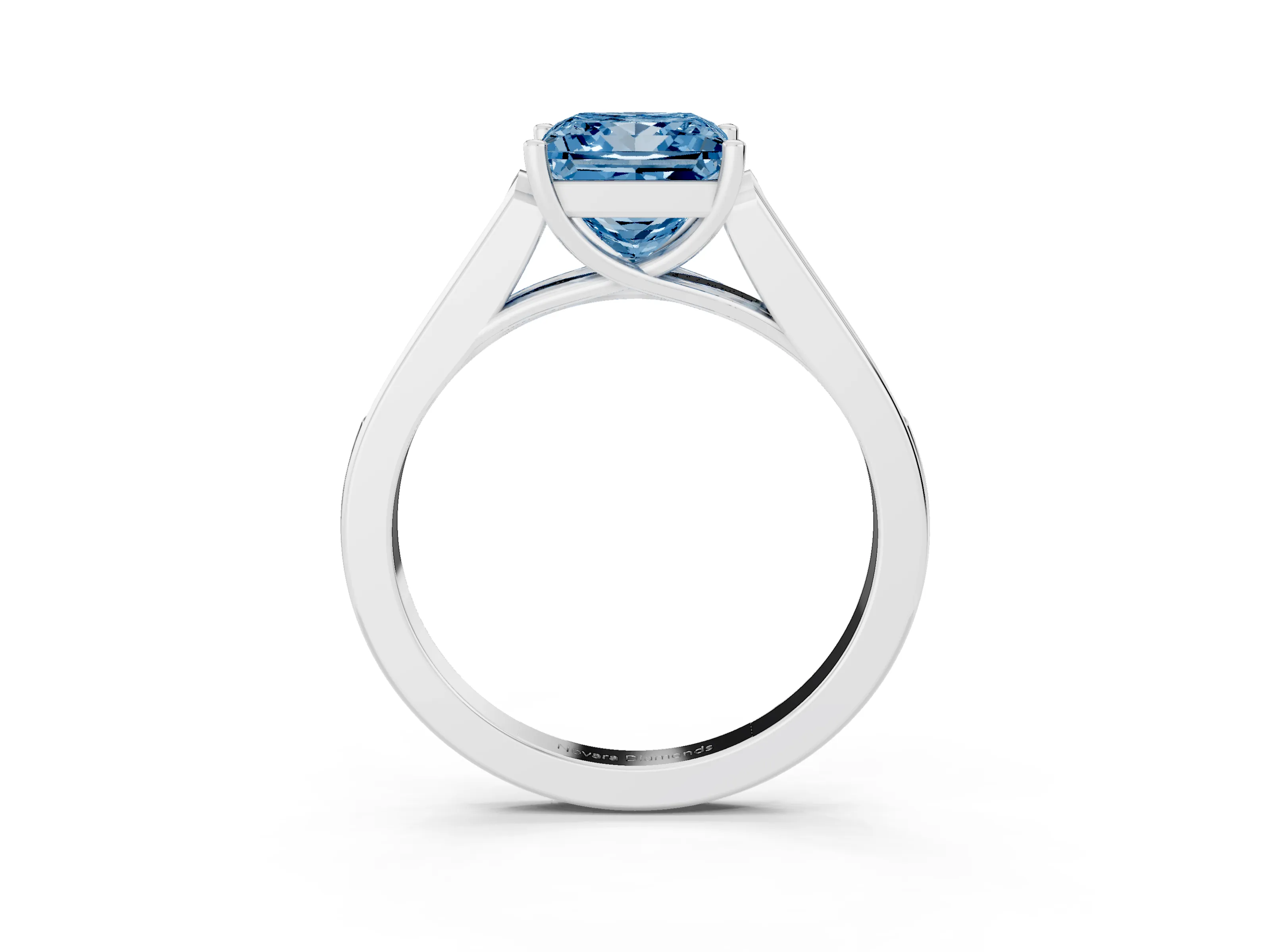 Fancy Blue Princess Cut Diamond Solitaire Cathedral Engagement Ring Set in White gold with Channel-Set Band and Prong Setting