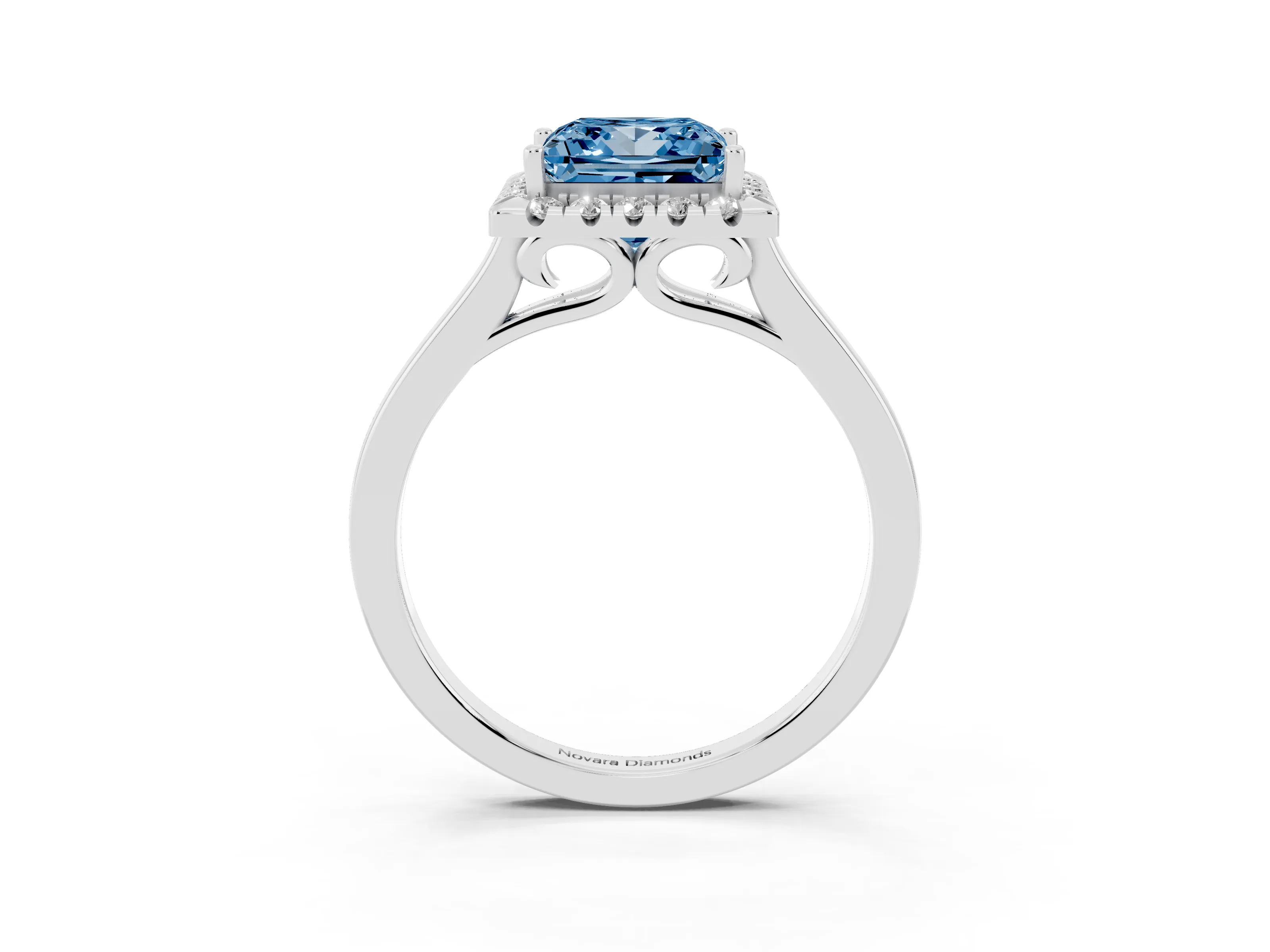 Fancy Blue Princess Cut Halo Round Diamond Solitaire Ring Set in Platinum with Pavé Band and Prong Setting