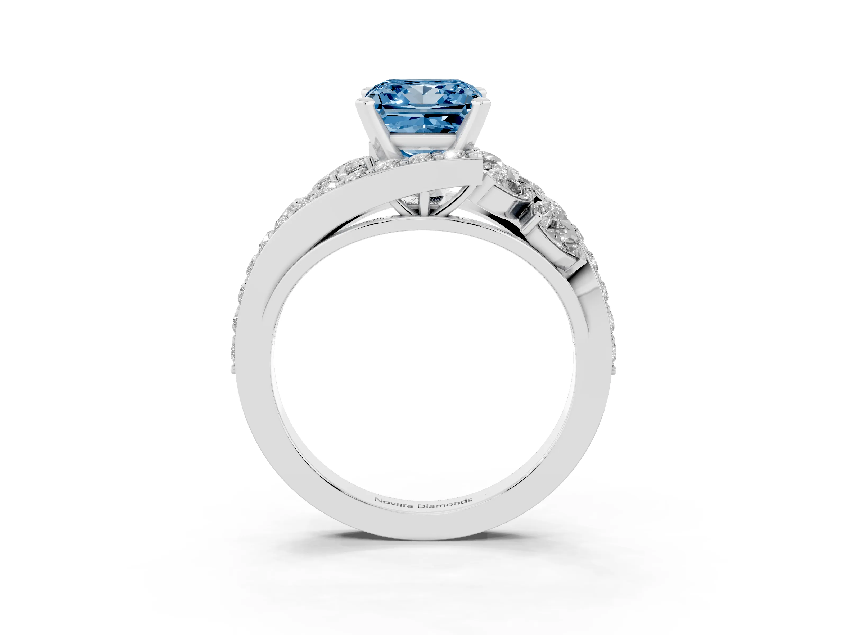Fancy Blue Princess Cut Diamond Halo Ring Set in White gold with Marquise and Pavé Band in Prong Setting
