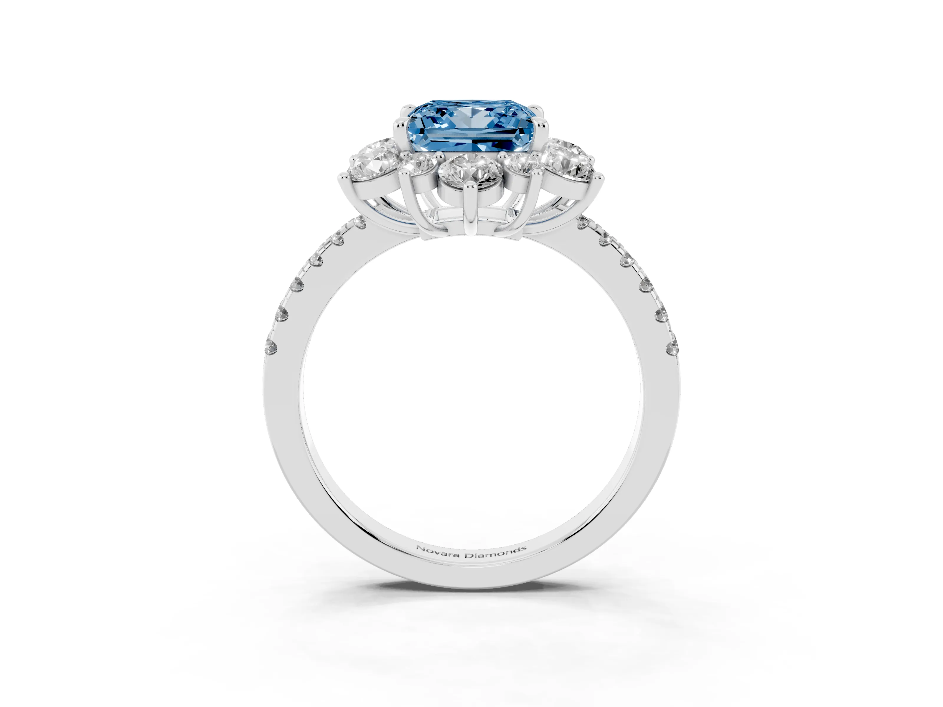 Fancy Blue Princess Cut Diamond Floral Halo Ring Set in White gold with Round Pavé Band and Prong Setting