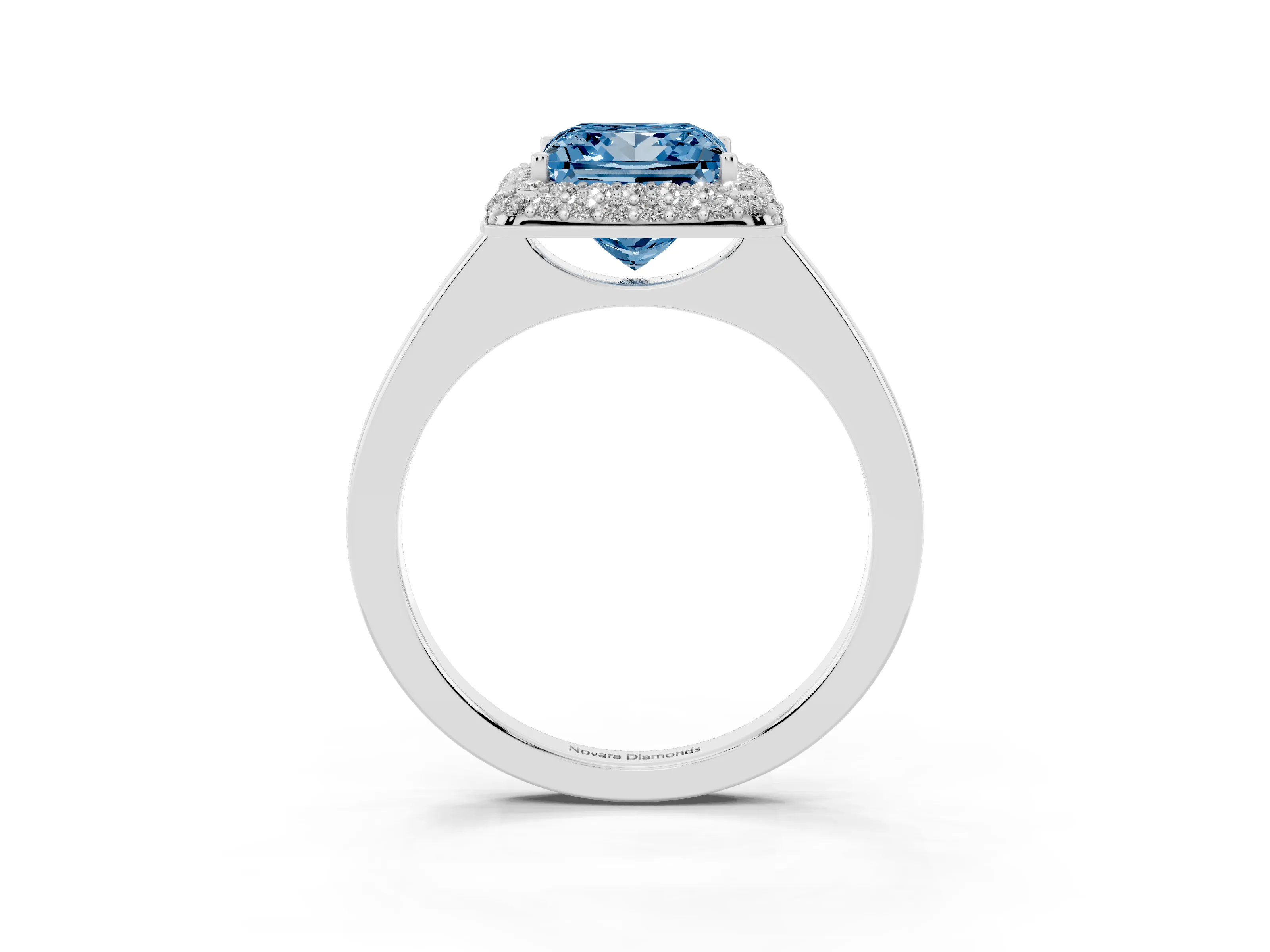 Fancy Blue Princess Cut Diamond Halo Engagement Ring Set in White gold with Solitaire Band and Prong Setting