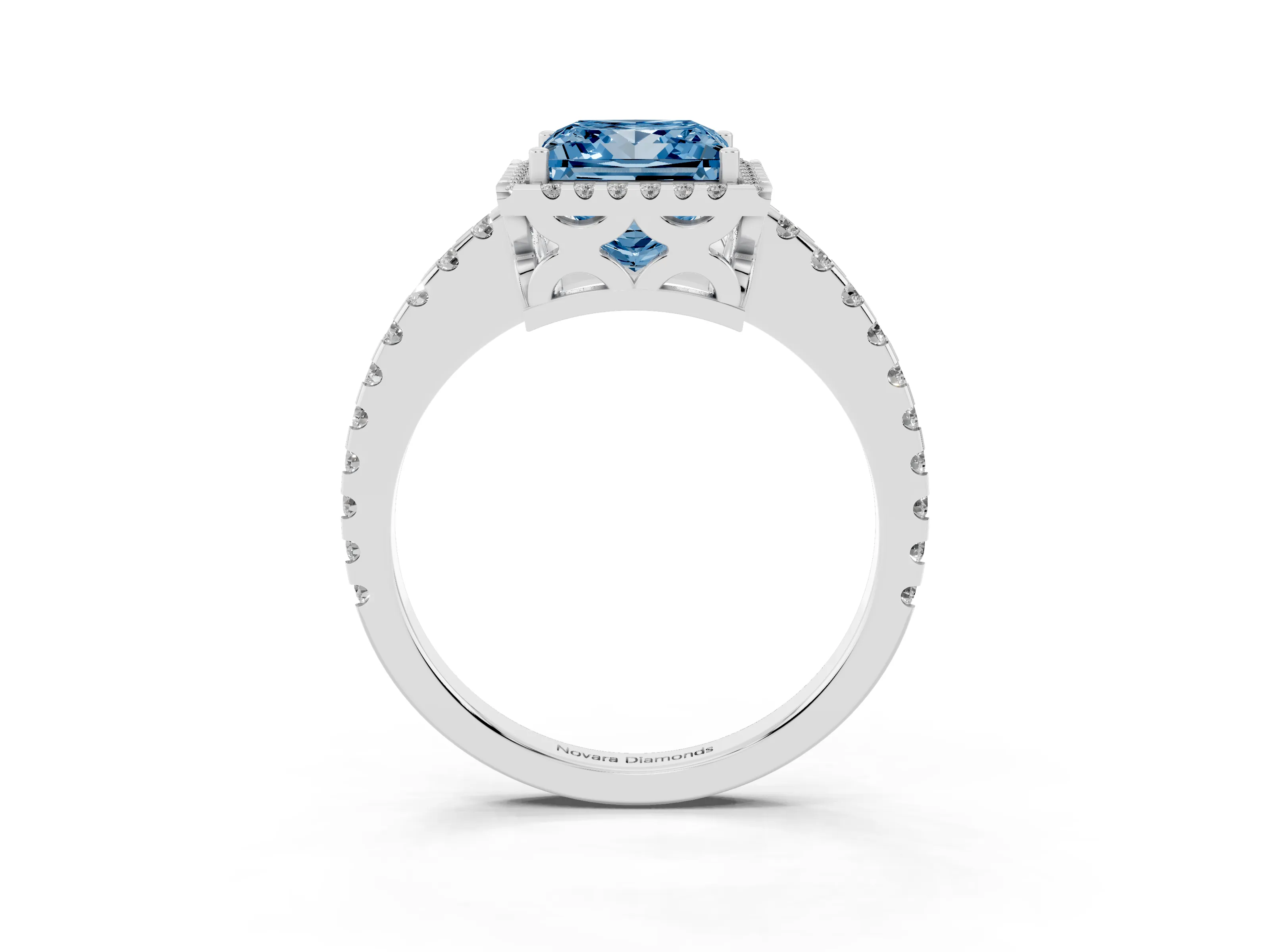 Fancy Blue Princess Cut Diamond Halo Ring Set in Platinum with Pavé Shoulders and Halo-Framed Center