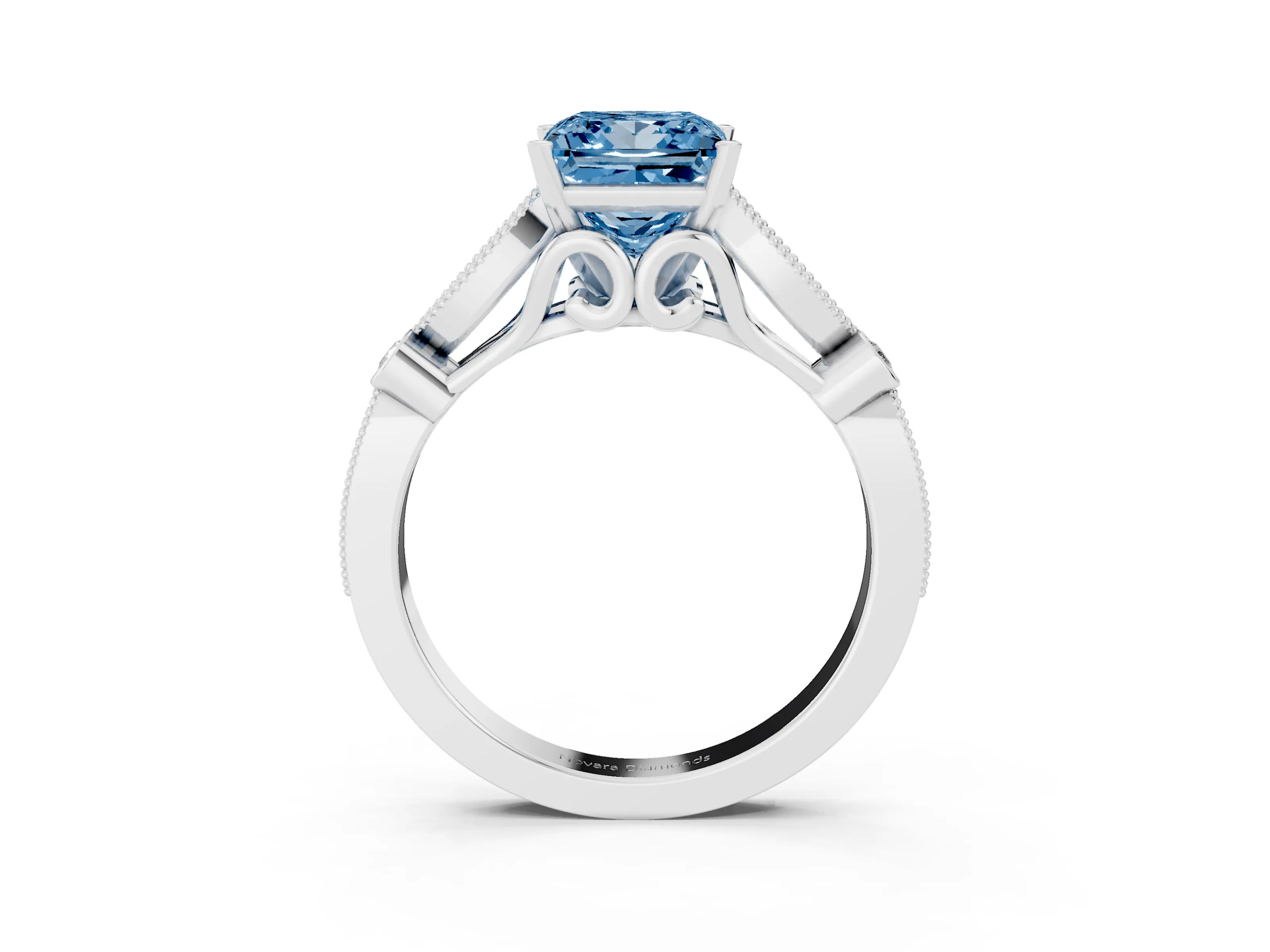 Fancy Blue Princess Cut Diamond Solitaire Ring Set in White gold with Milgrain Marquise and Bezel Accents