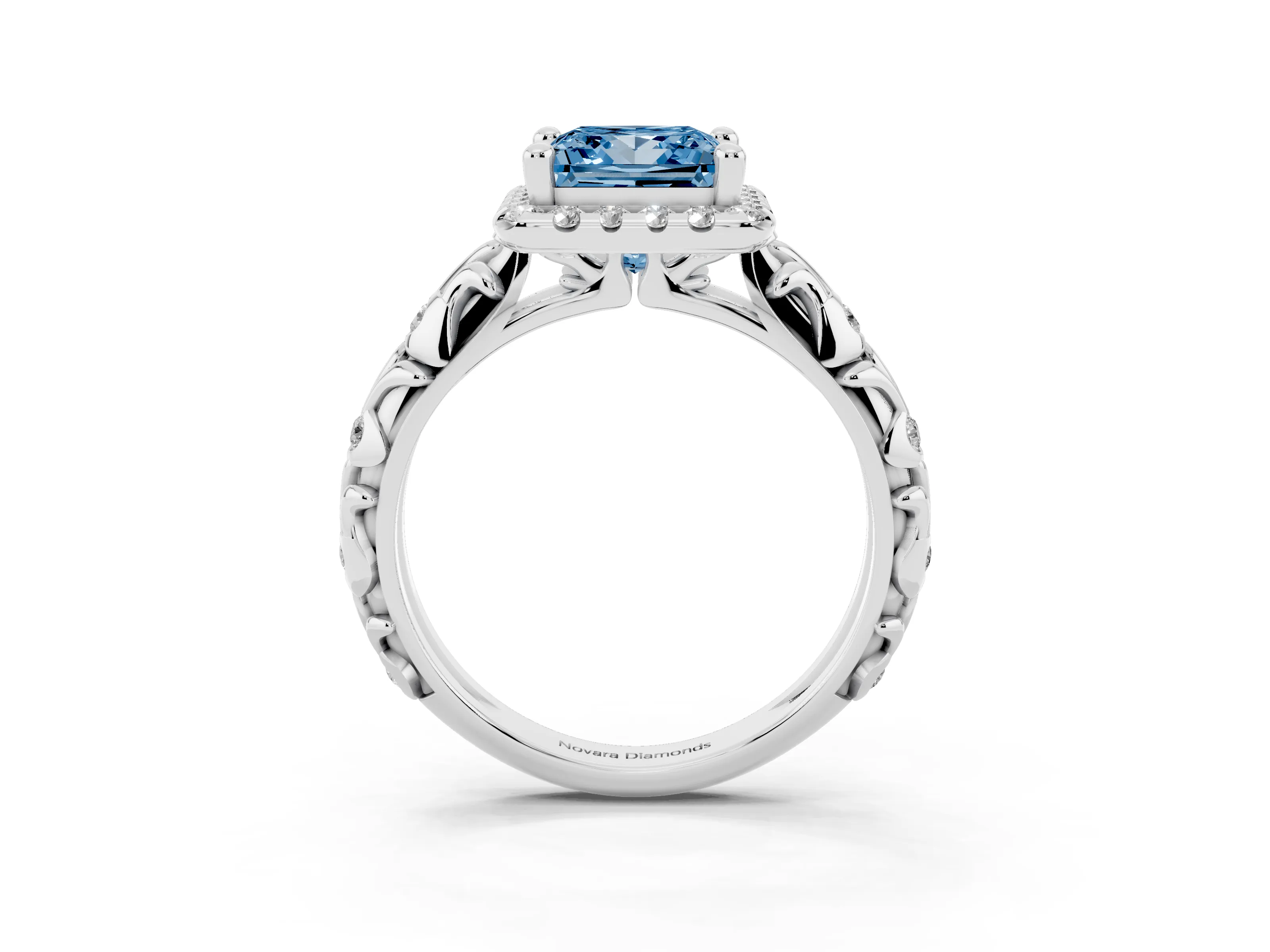 Fancy Blue Princess Cut Diamond Halo Ring Set in Silver with Filigree Leaf Band and Prong Setting
