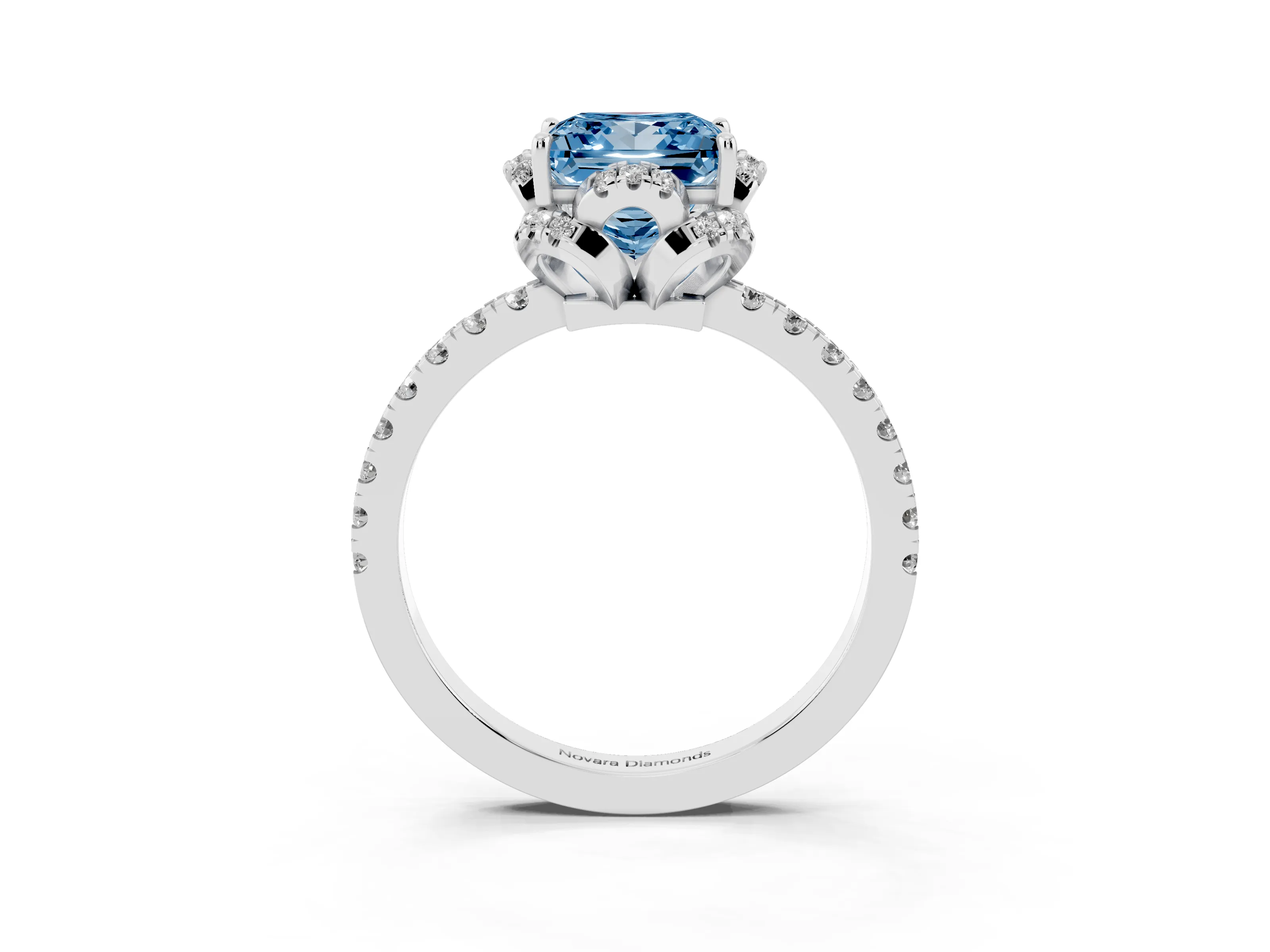 Fancy Blue Princess Cut Diamond Halo Pavé Band Ring Set in Platinum with Prong-Held Center