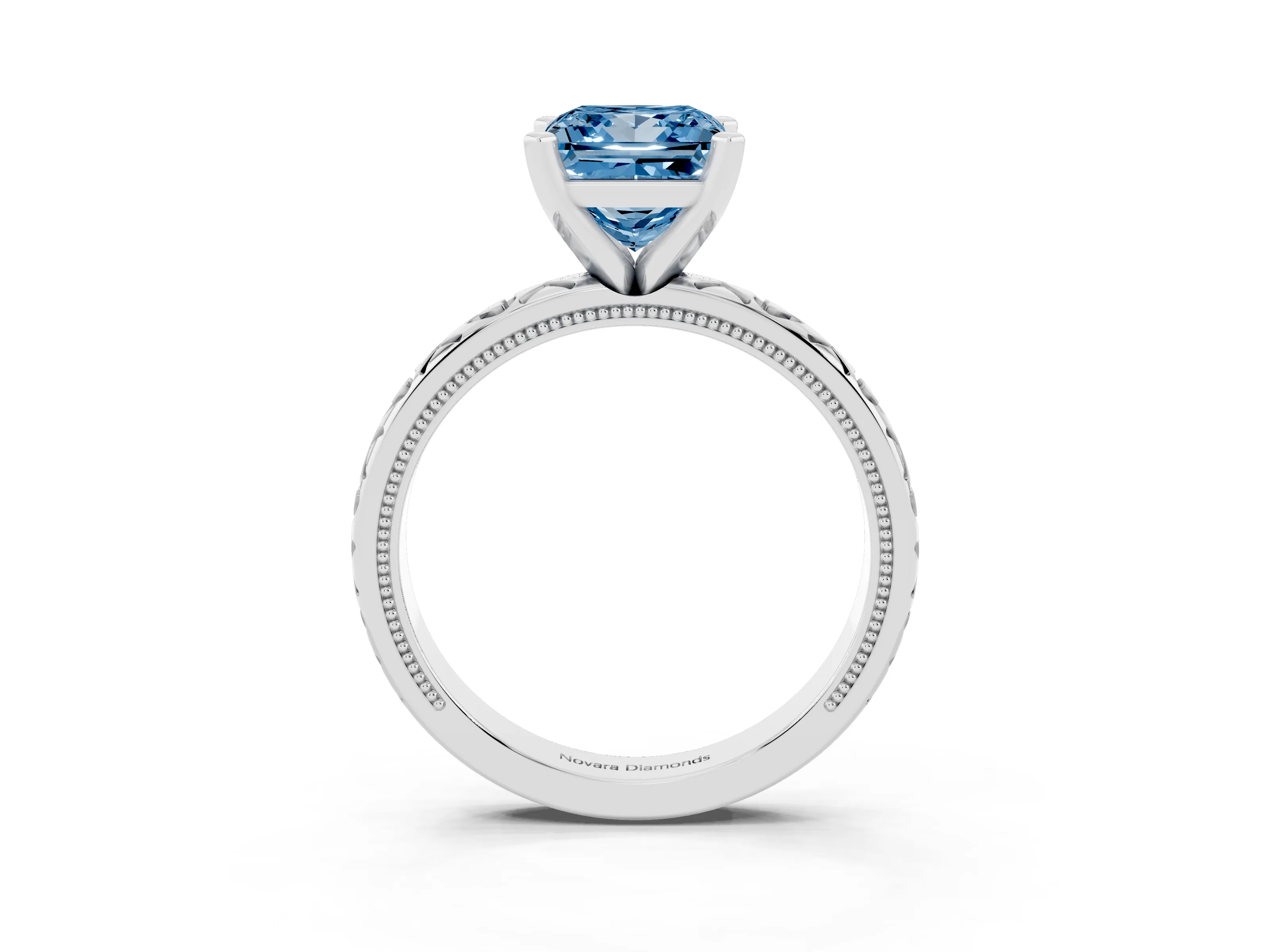 Fancy Blue Princess Cut Diamond Solitaire Engagement Ring Set in Platinum with XO Engraved Band and Prong Setting