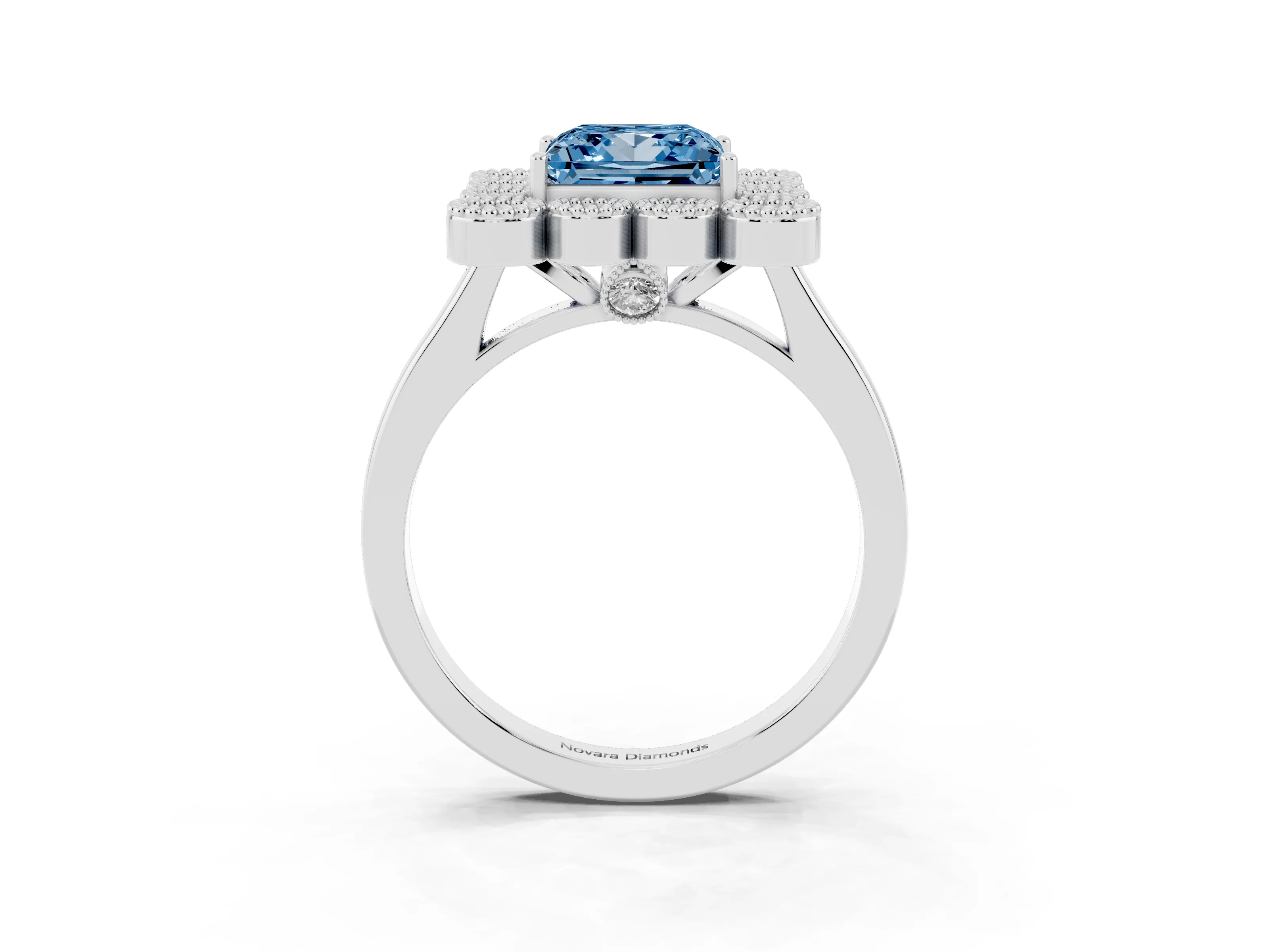 Fancy Blue Princess Cut Diamond Cluster Halo Ring Set in White gold with Milgrain Bezel Accents and Plain Band