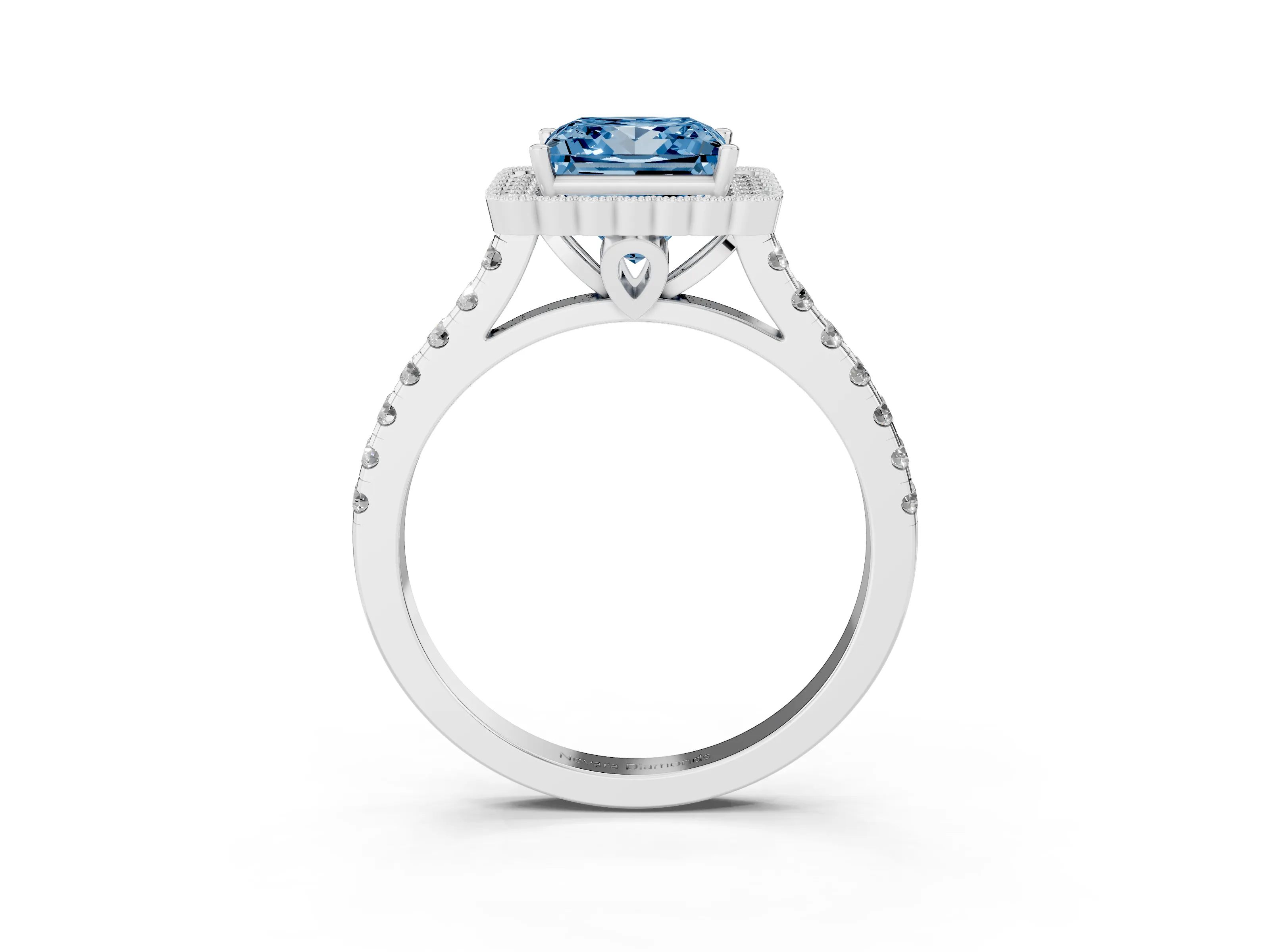 Fancy Blue Princess Cut Diamond Milgrain Floral Halo Engagement Ring Set in Silver with Pavé Band