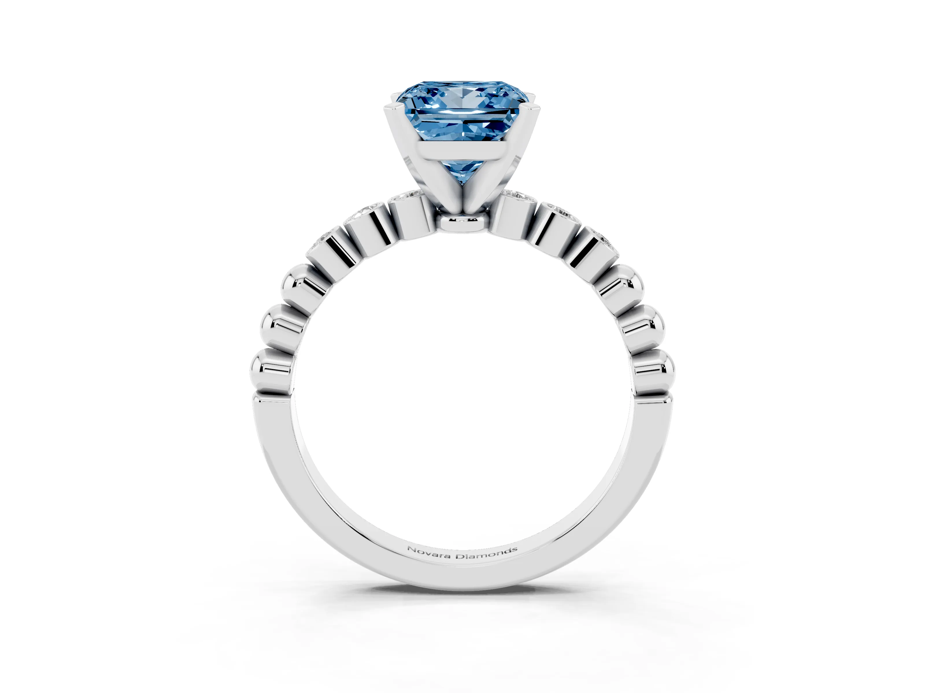 Fancy Blue Princess Cut Diamond Solitaire Engagement Ring Set in Silver with Bezel Accents on Beaded Band