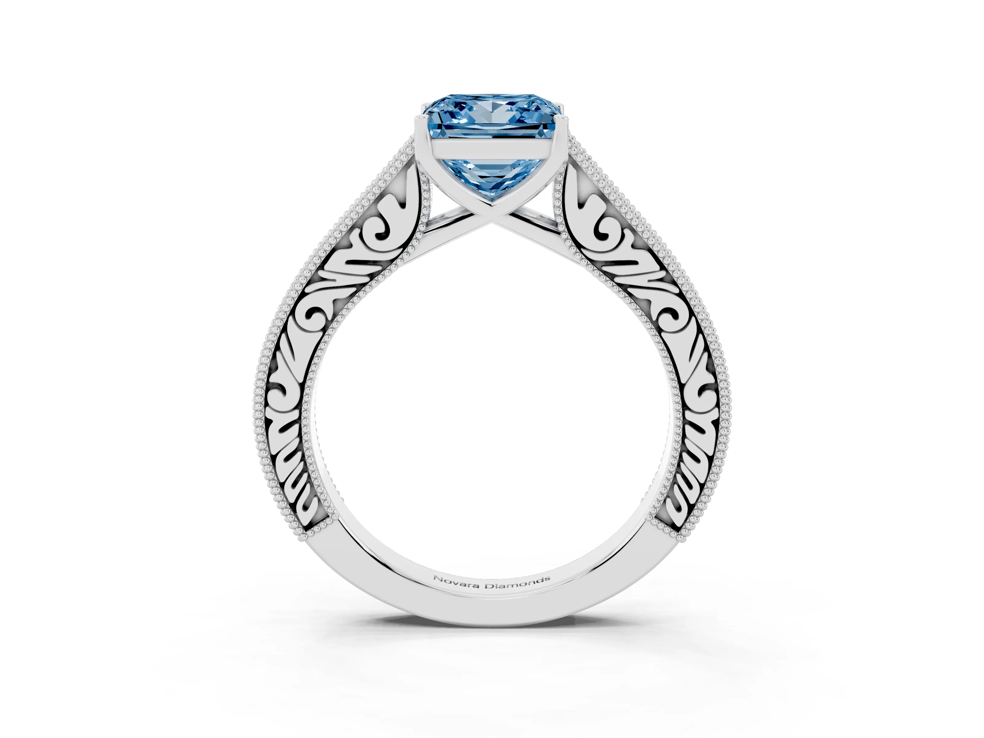 Fancy Blue Princess Cut Diamond Milgrain Pavé Band Solitaire Ring Set in White gold with Prong Setting