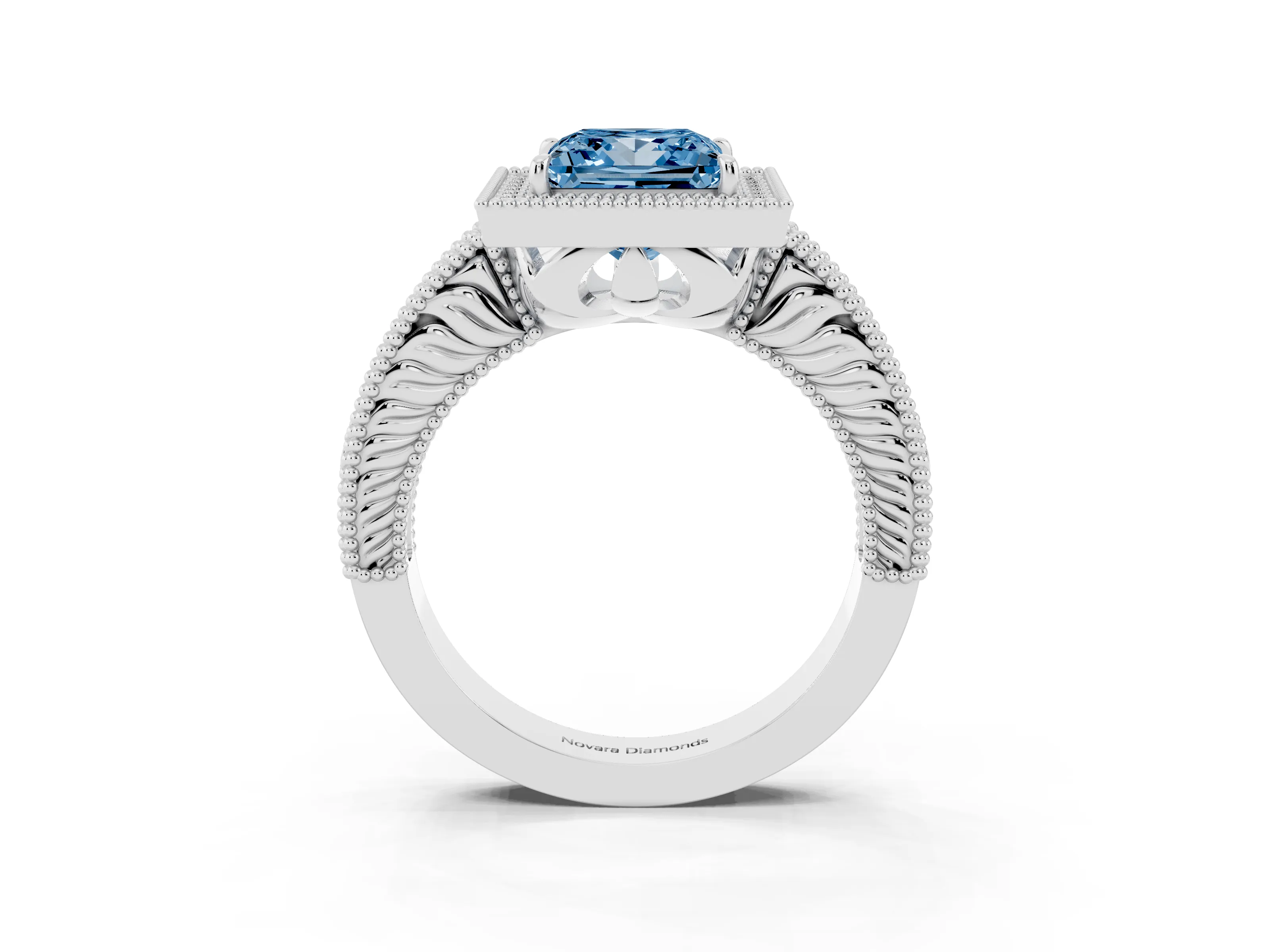 Fancy Blue Princess Cut Diamond Halo Ring Set in White gold with Round Accent Halo, Pavé Band and Prong Setting