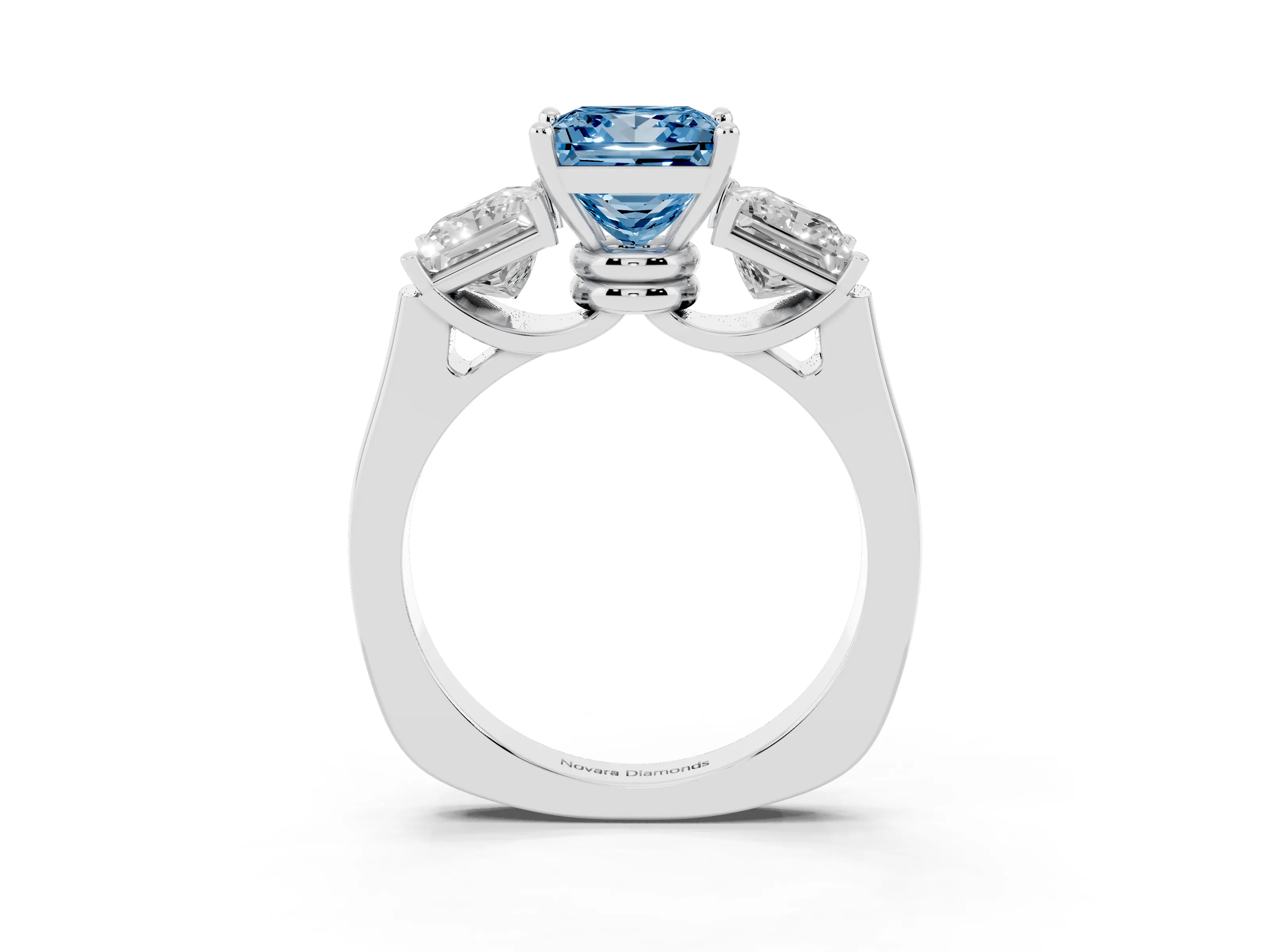 Fancy Blue Princess Cut Diamond Three-Stone Trellis Ring Set in Platinum with Comfort Fit Band