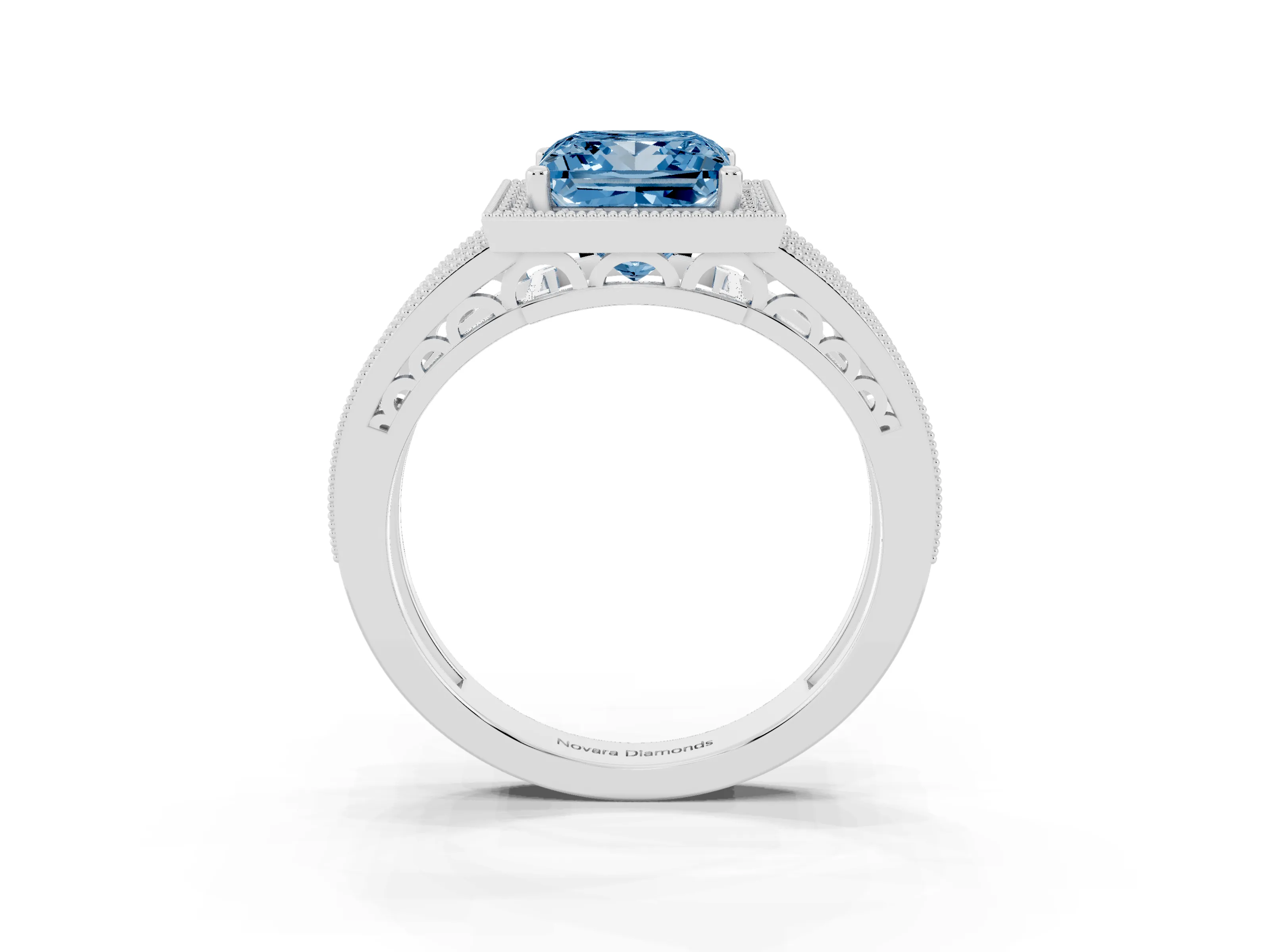 Fancy Blue Princess Cut Diamond Halo Ring Set in White gold with Accent Split Shank and Prong Setting