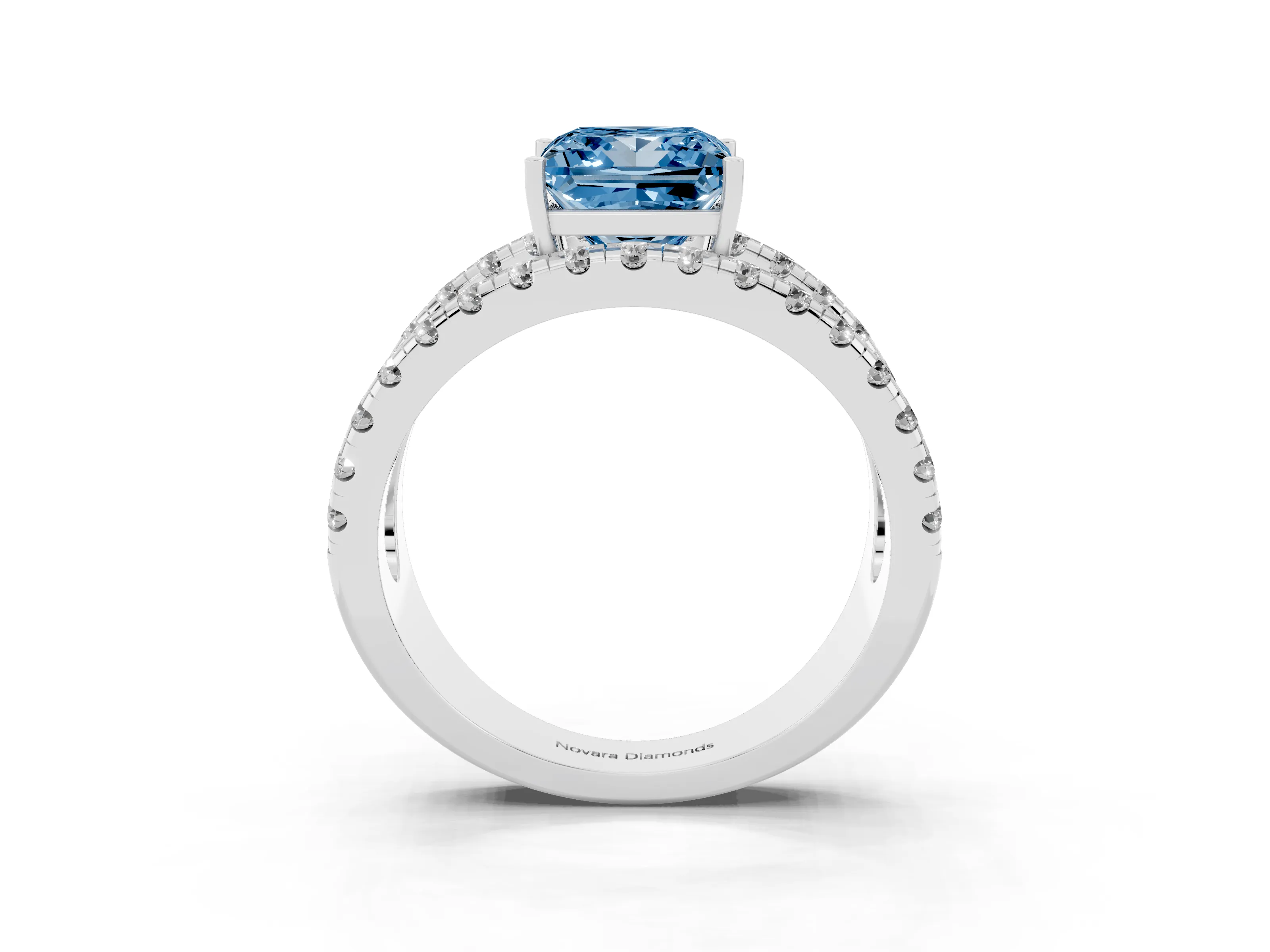 Fancy Blue Princess Cut Diamond Split Shank Pavé Solitaire Ring Set in Silver with Open Shank Design