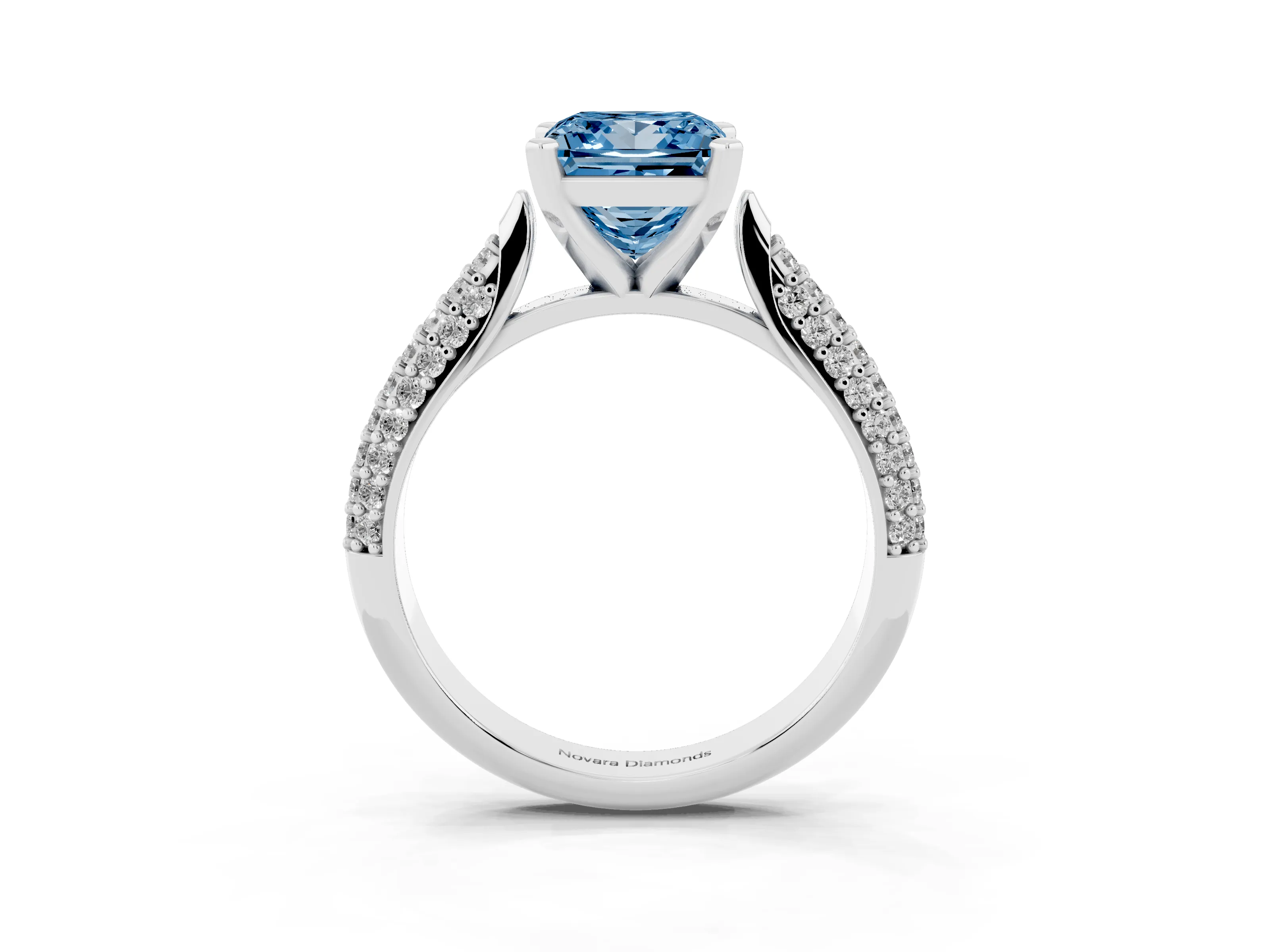 Fancy Blue Princess Cut Diamond Solitaire Engagement Ring Set in Silver with Multi-Row Round Pavé Band and Prong Setting