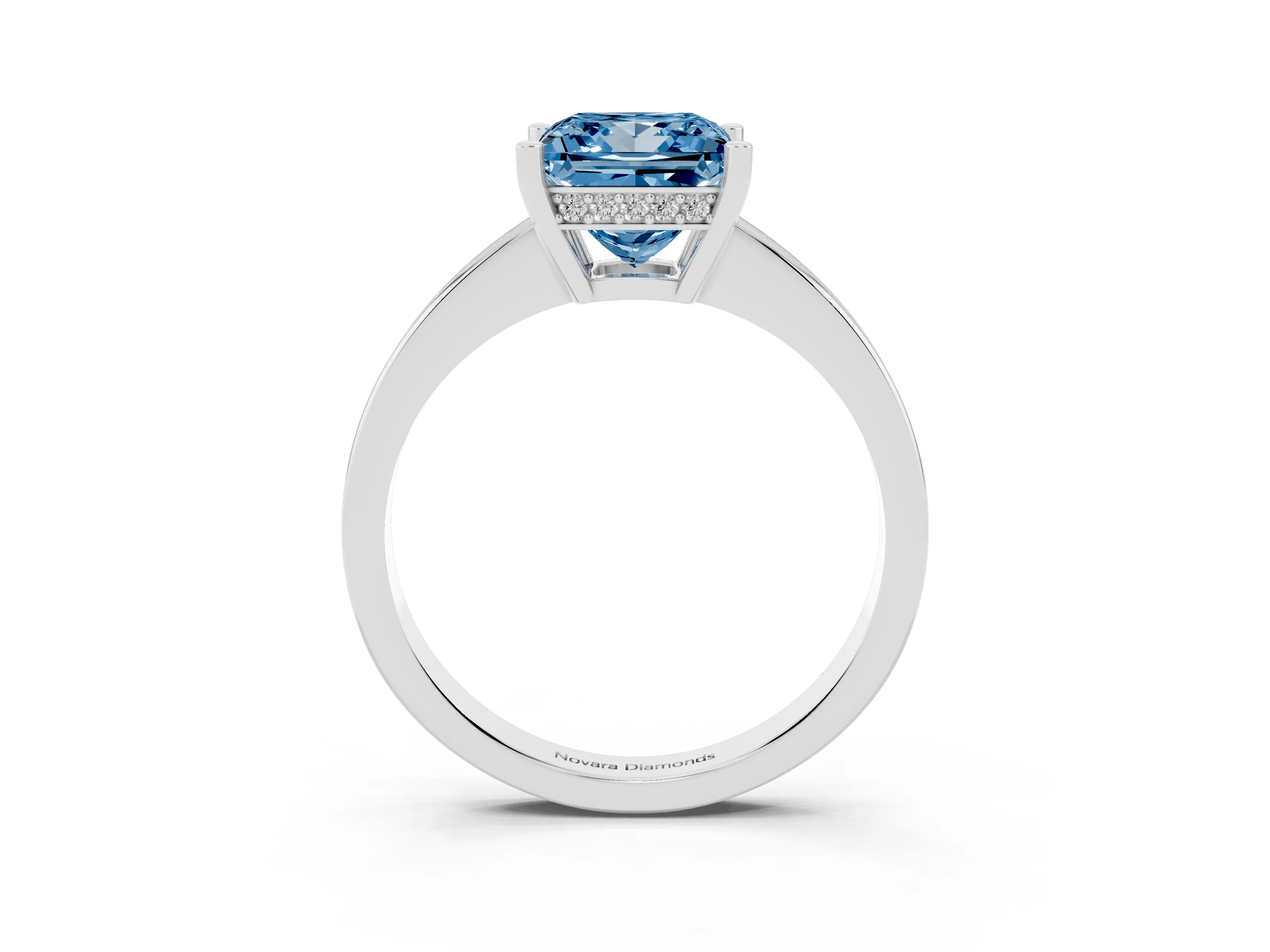Fancy Blue Princess Cut Diamond Pavé Band Prong Set Solitaire Ring Set in Silver