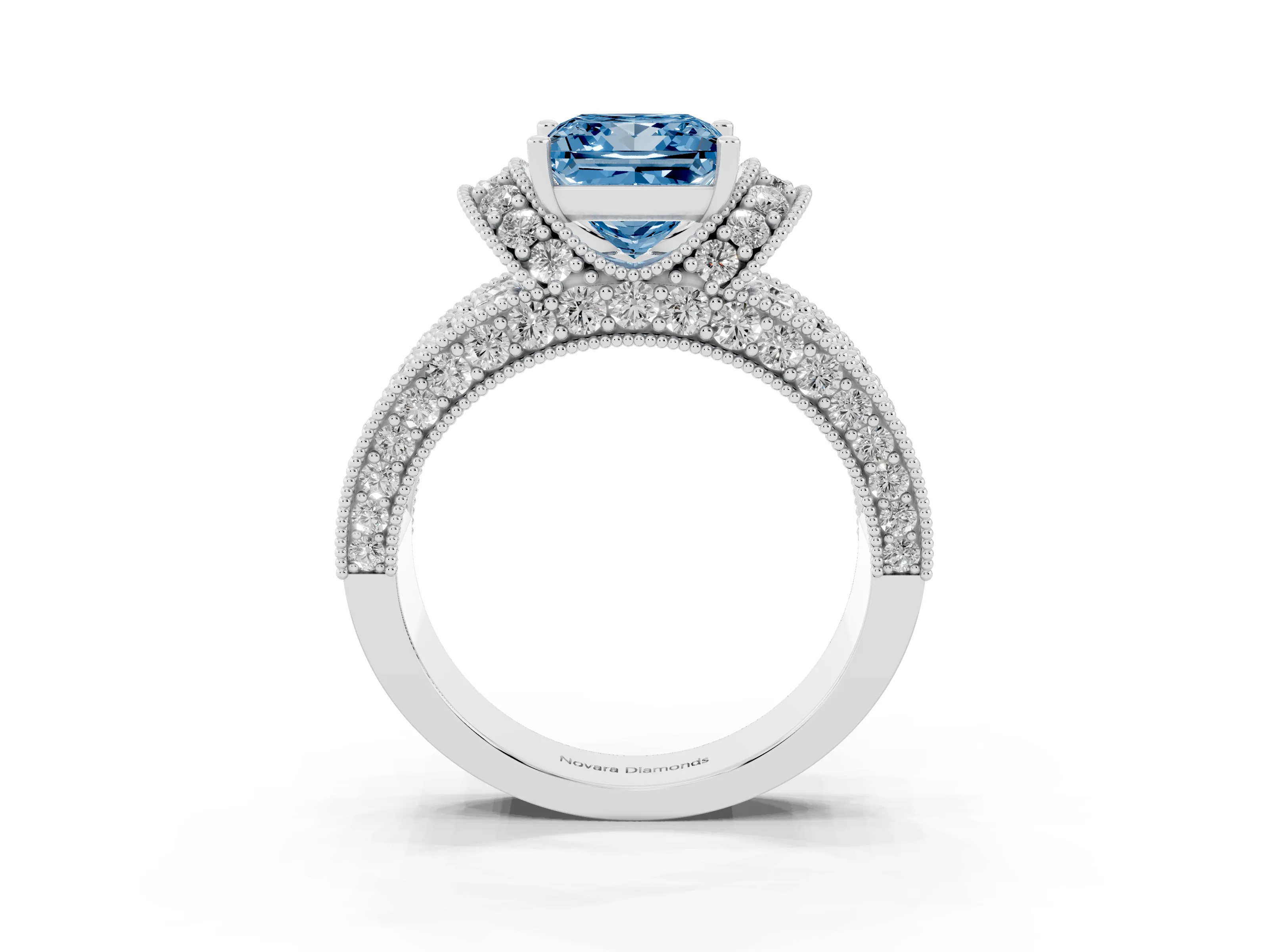 Fancy Blue Princess Cut Diamond Milgrain Halo Pavé Engagement Ring Set in Silver with Prong Setting
