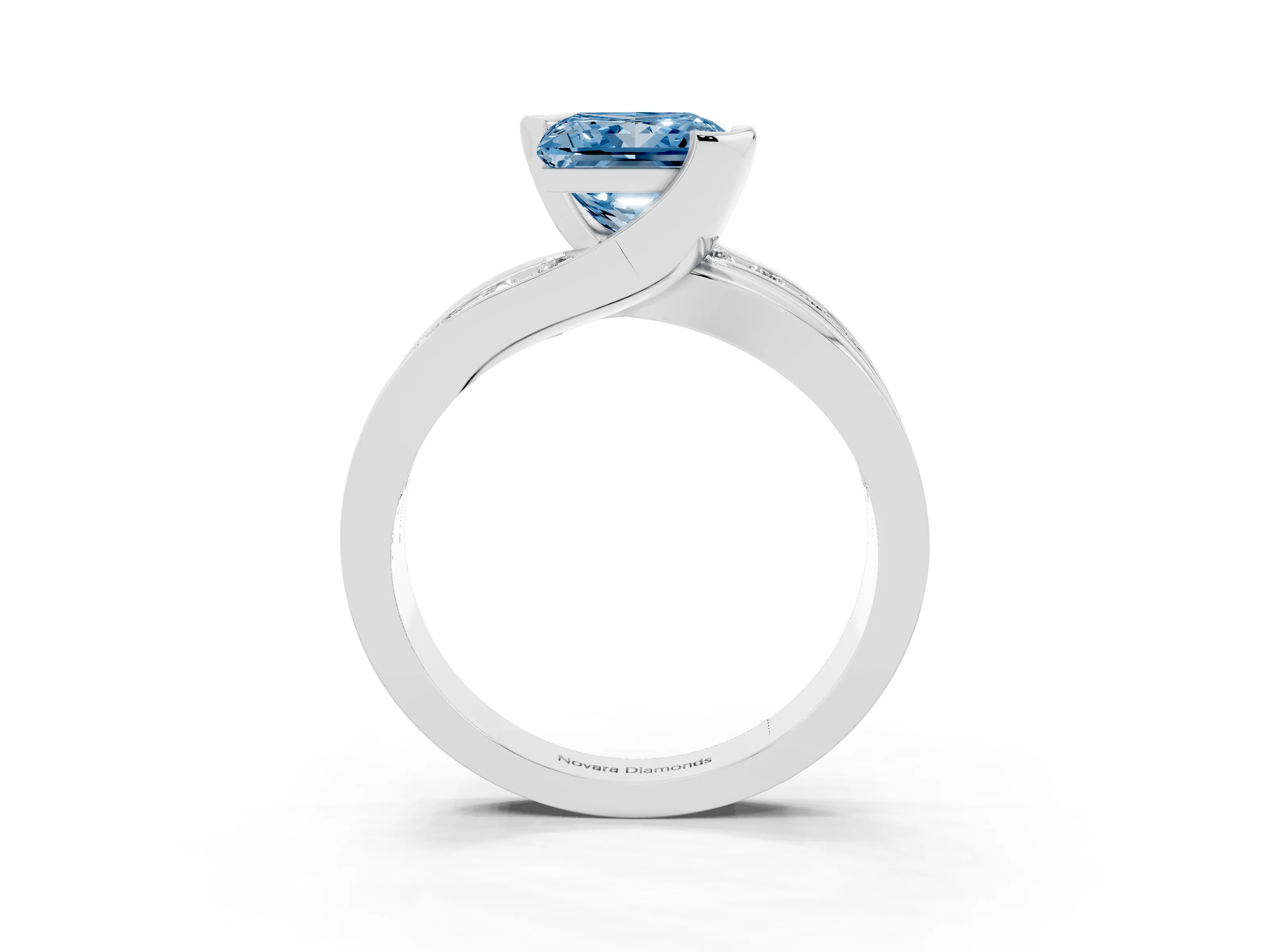 Fancy Blue Princess Cut Diamond Solitaire Ring Set in Silver with Channel Set Split Shank and Tension Prongs